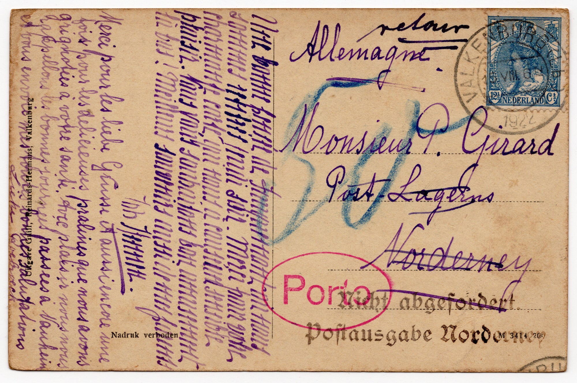 Achterzijde ansichtkaart 1922, Wilhelmina 12½ cent Bontkraag, poststempel Valkenburg, retour met nicht abgefordert stempel Norderney en Frans handgeschreven bericht