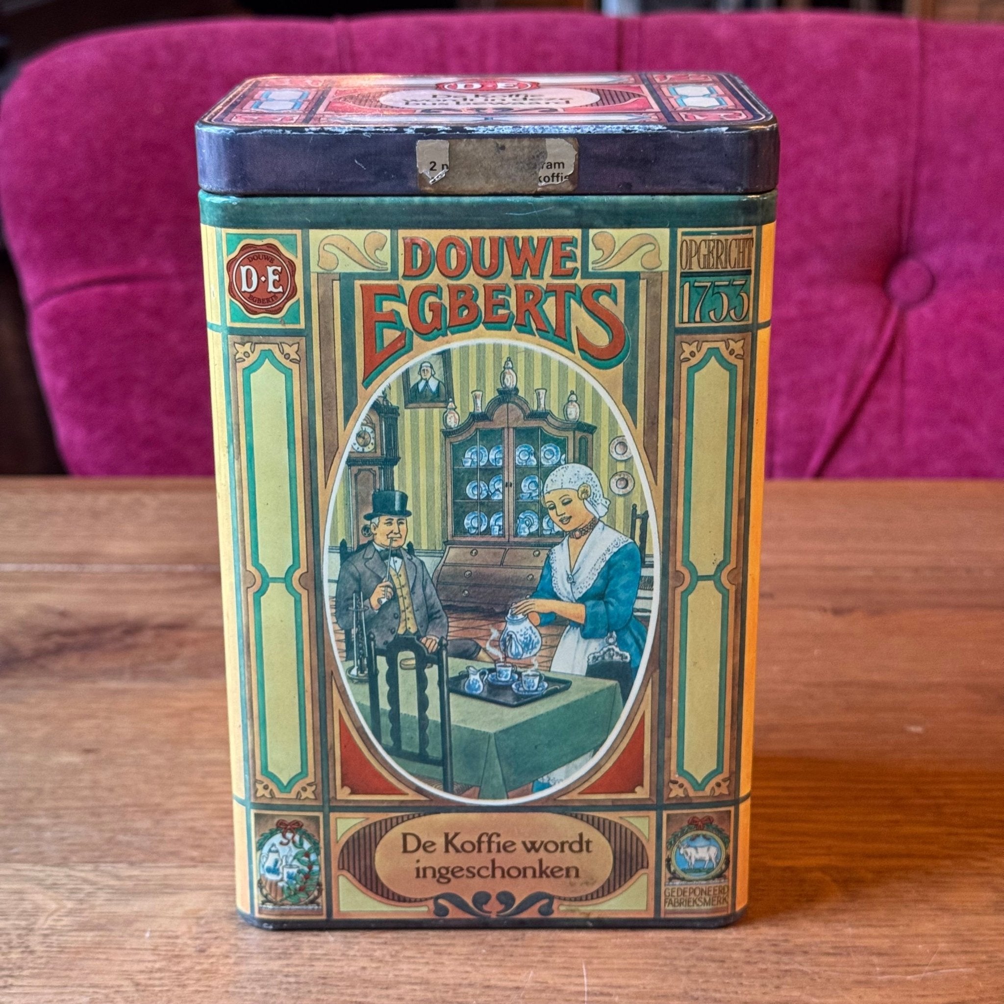 Antiek Douwe Egberts koffieblik met scènes uit het koffieritueel - The Collectionist