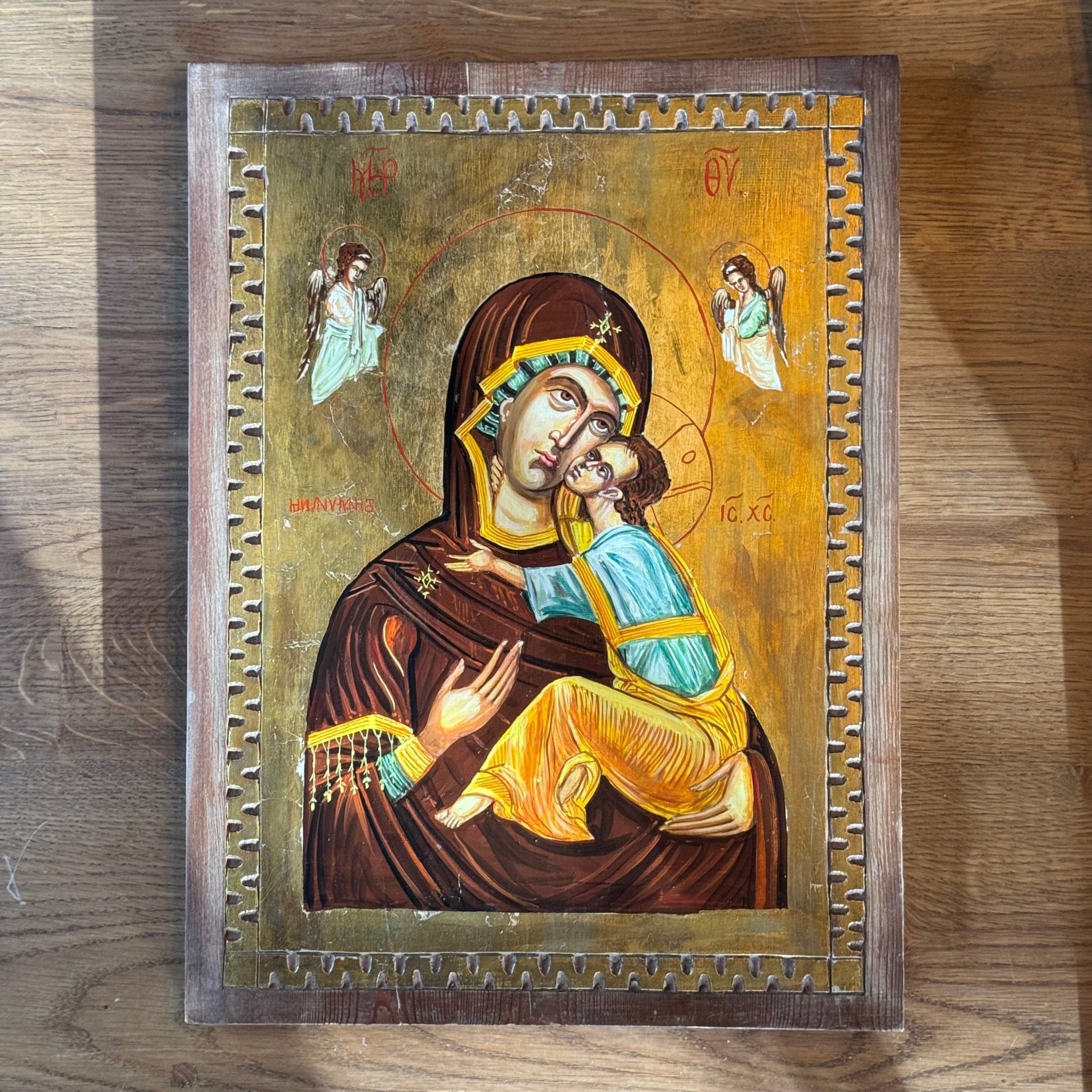 Groot Byzantijns Moeder Gods - icoon met bladgoud en engelen (handbeschilderd) - The Collectionist