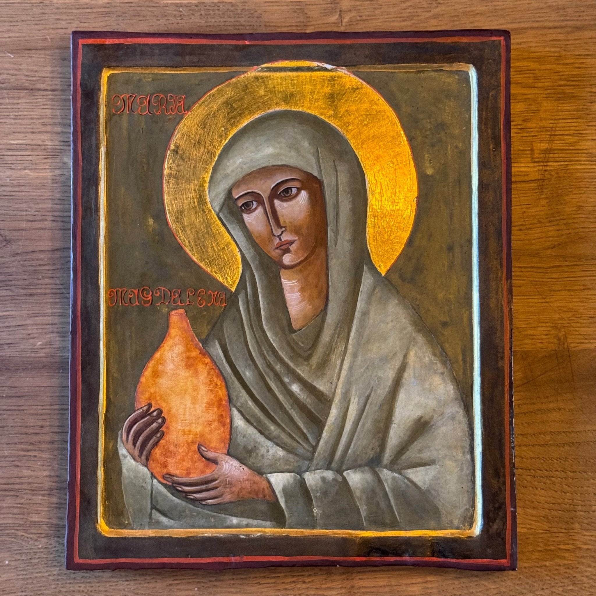 Handgeschilderde Icoon van Maria Magdalena op Houten Paneel – Verguld Nimbus – 20e Eeuw - The Collectionist