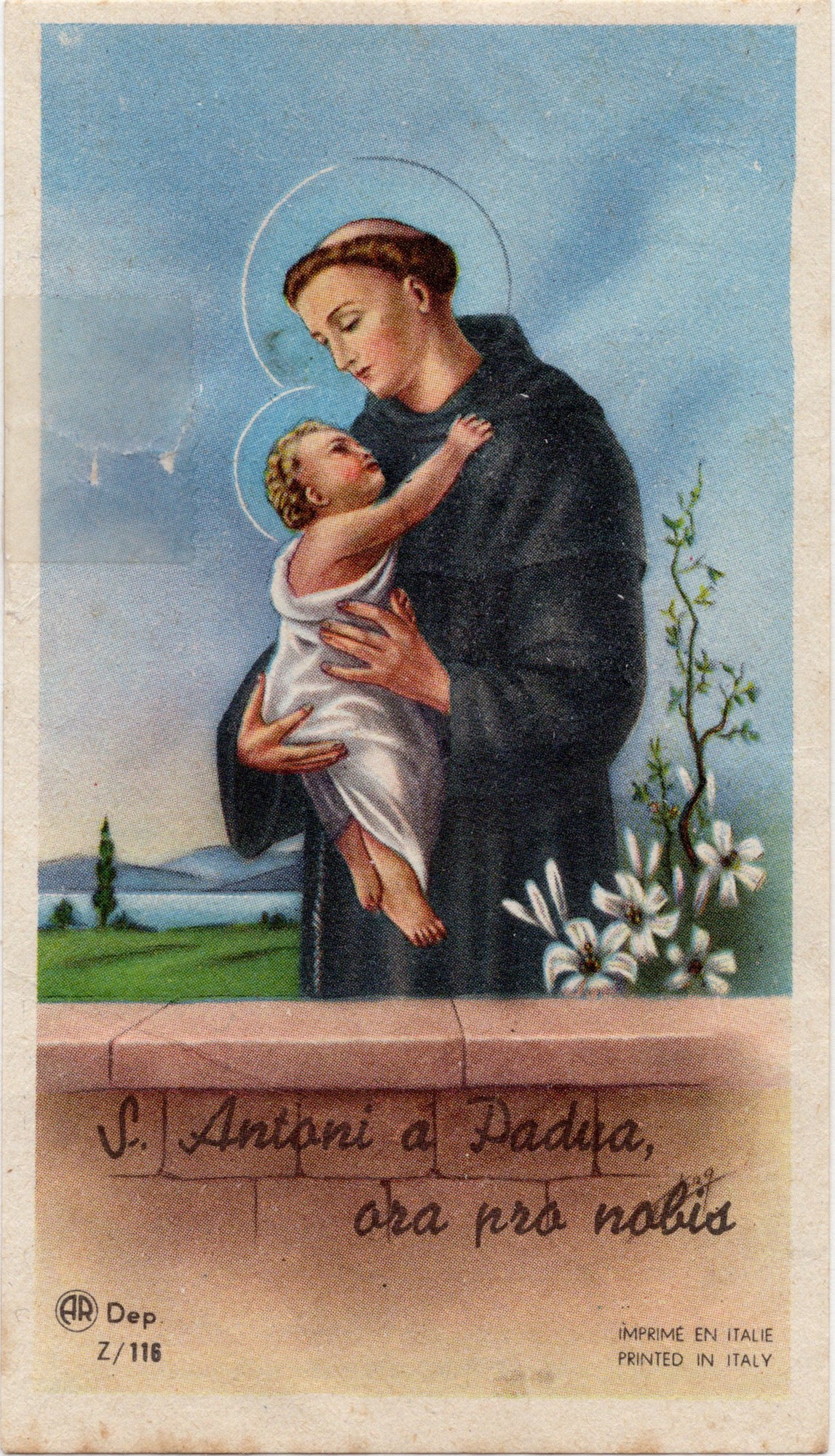 Missiekaartje Africa-Christo, Paters van de H. Geest, voorzijde met Sint Antonius van Padua en Christuskind, gedrukt in Italië, 1946.