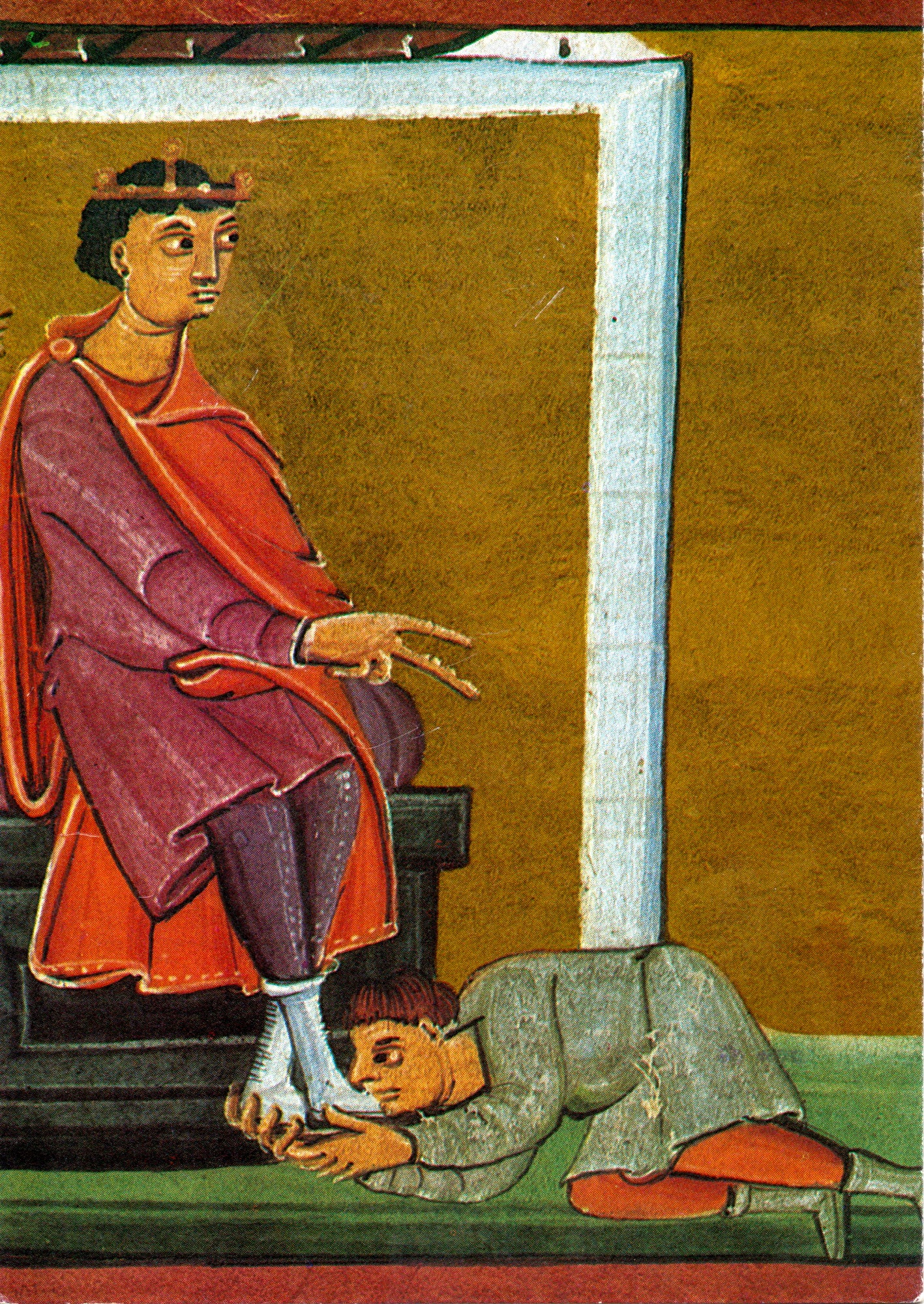 Gebetszettel met reproductie van Reichenauer School miniatuur, parabel onbarmhartige schuldenaar, Liturgisches Institut Trier, 20e eeuw.