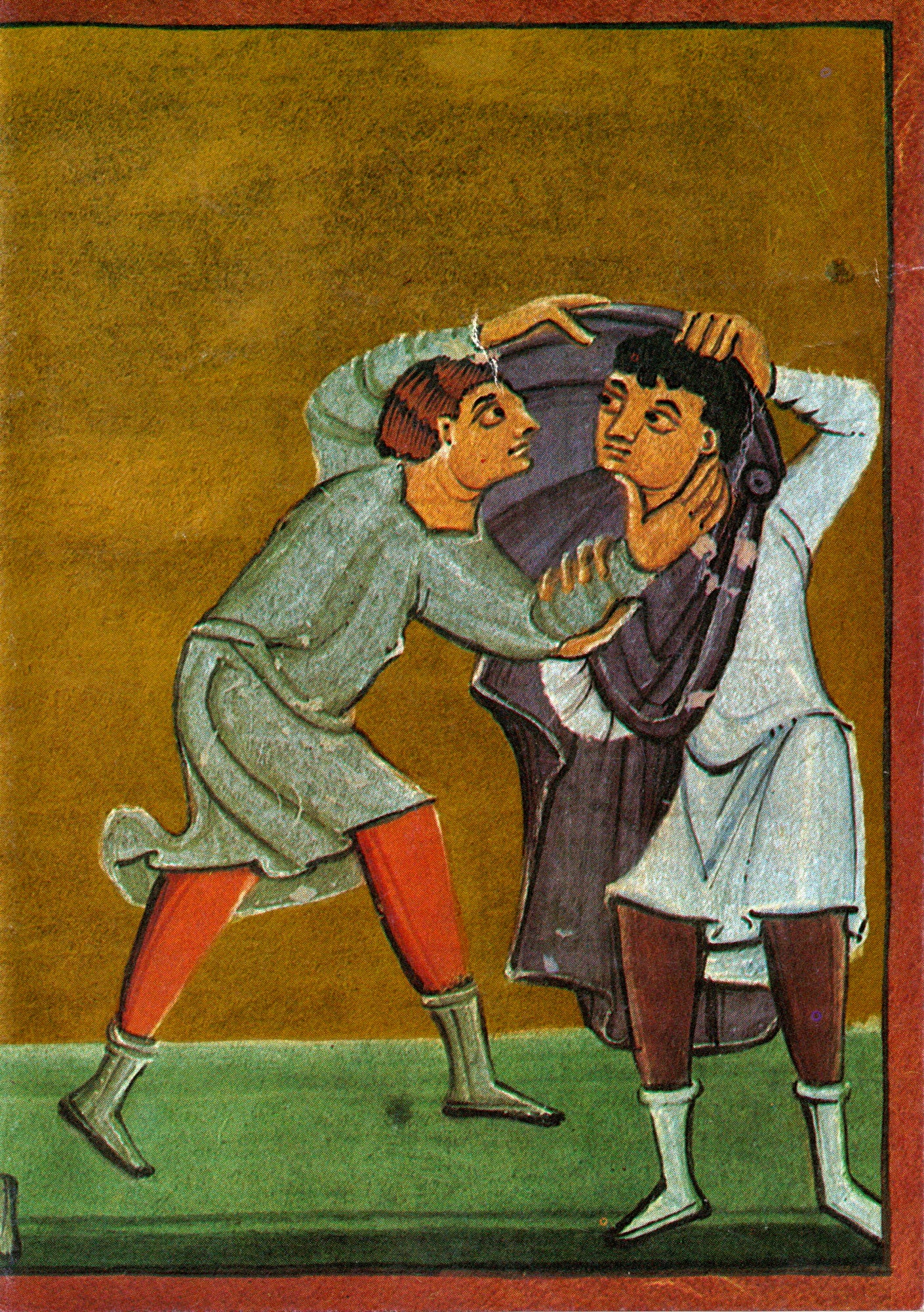 Gebetszettel met reproductie van Reichenauer School miniatuur, parabel onbarmhartige schuldenaar, Liturgisches Institut Trier, 20e eeuw.