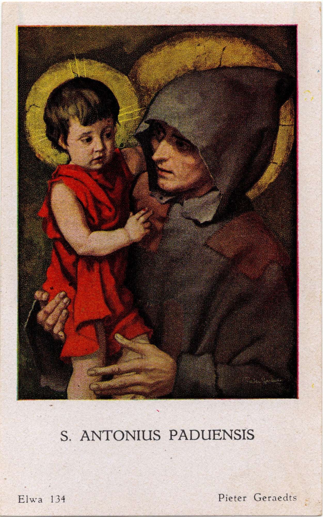Devotiekaartje Sint-Antonius van Padua met Christuskind, naar schilderij Pieter Geraedts, Elwa 134, Nederland ca. 1940-1960