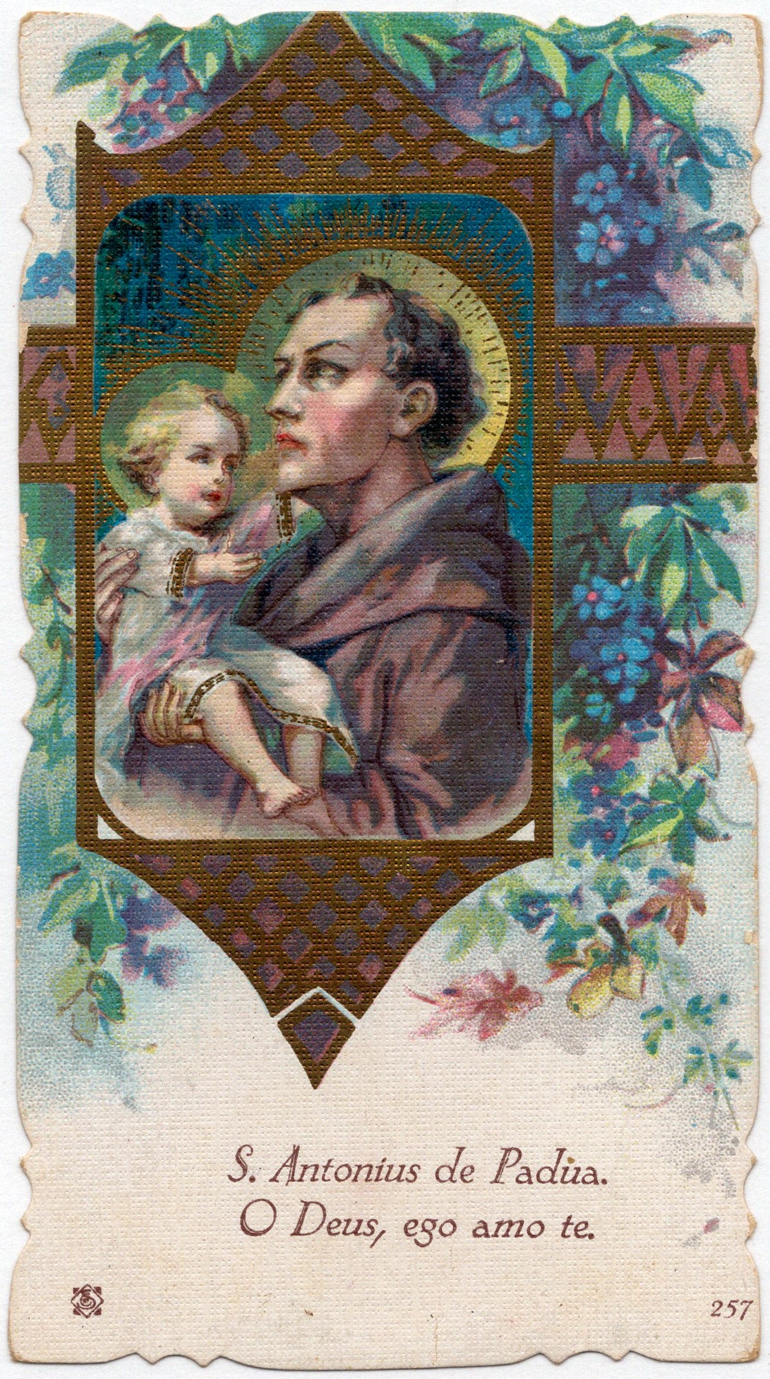 Antiek chromolithografisch devotieprentje Sint-Antonius van Padua met Christuskind, kartelige rand, ca. 1890-1920