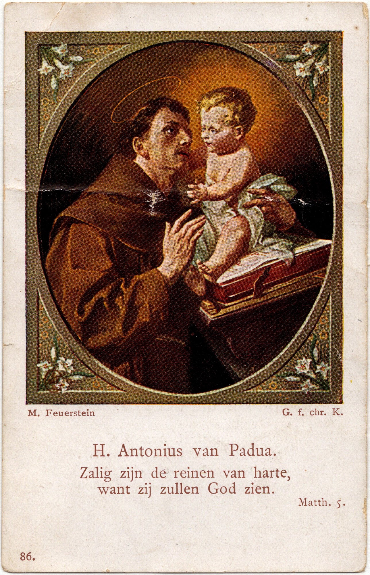 Devotieprentje Sint-Antonius van Padua naar M. Feuerstein, kloosterprofessiekaartje Zr. Maria Vicentiana Tilburg 1916