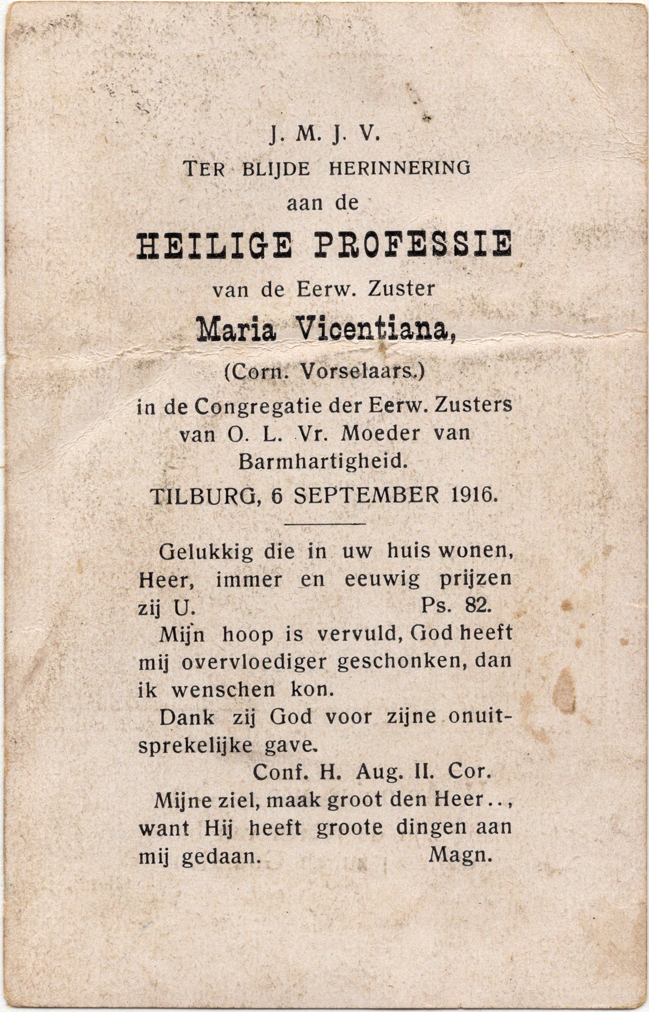 Achterzijde Devotieprentje Sint-Antonius van Padua naar M. Feuerstein, kloosterprofessiekaartje Zr. Maria Vicentiana Tilburg 1916