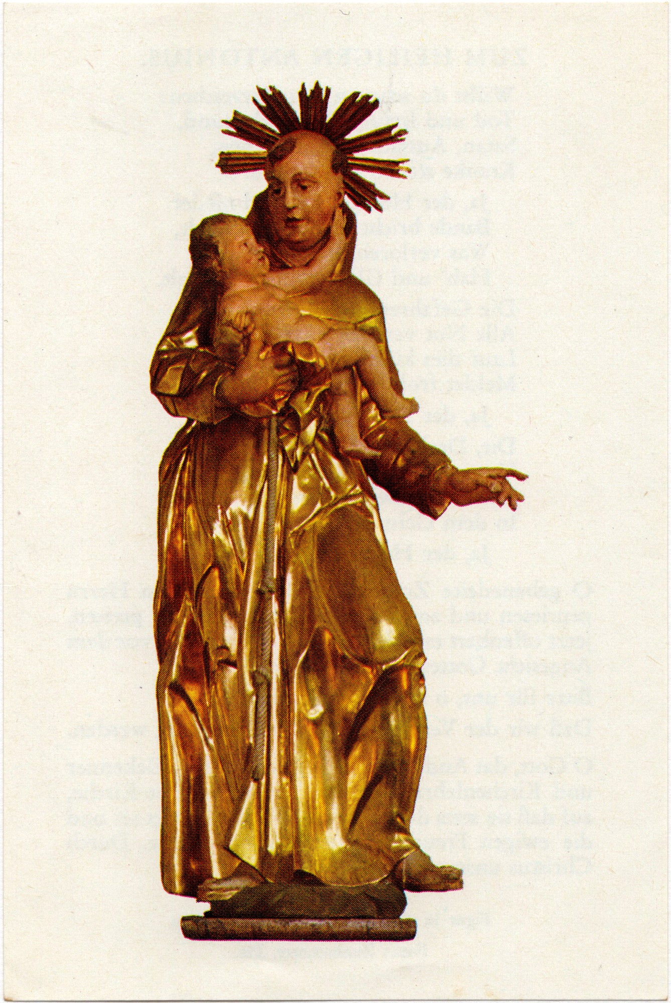 Devotieprentje vergulde barokke houten sculptuur Sint-Antonius van Padua met Christuskind, Klosterkirche Eggenfelden Beieren