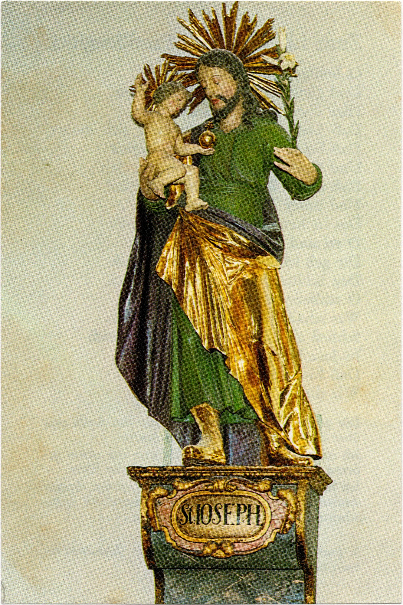 Devotieprentje polychroom vergulde barokke Sint-Jozefsfiguur met Christuskind en lelie, Pfarrkirche Vachendorf Oberbayern