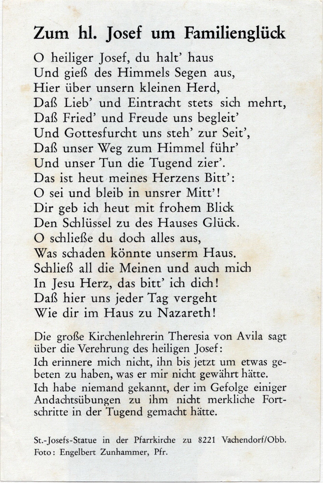 Achterkant Devotieprentje polychroom vergulde barokke Sint-Jozefsfiguur met Christuskind en lelie, Pfarrkirche Vachendorf Oberbayern