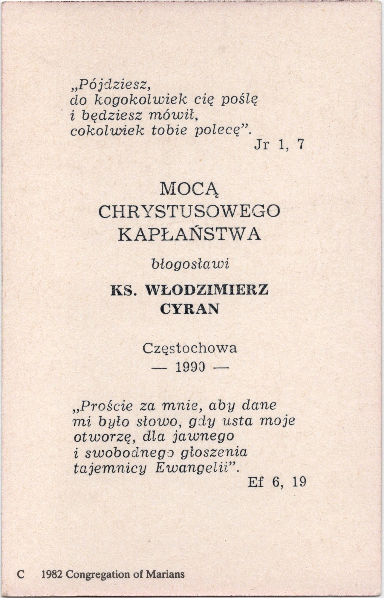 Polnisches Priesterweihe-Andachtsbild Barmherziger Jesus - ks. Cyran, Czestochowa 1990
