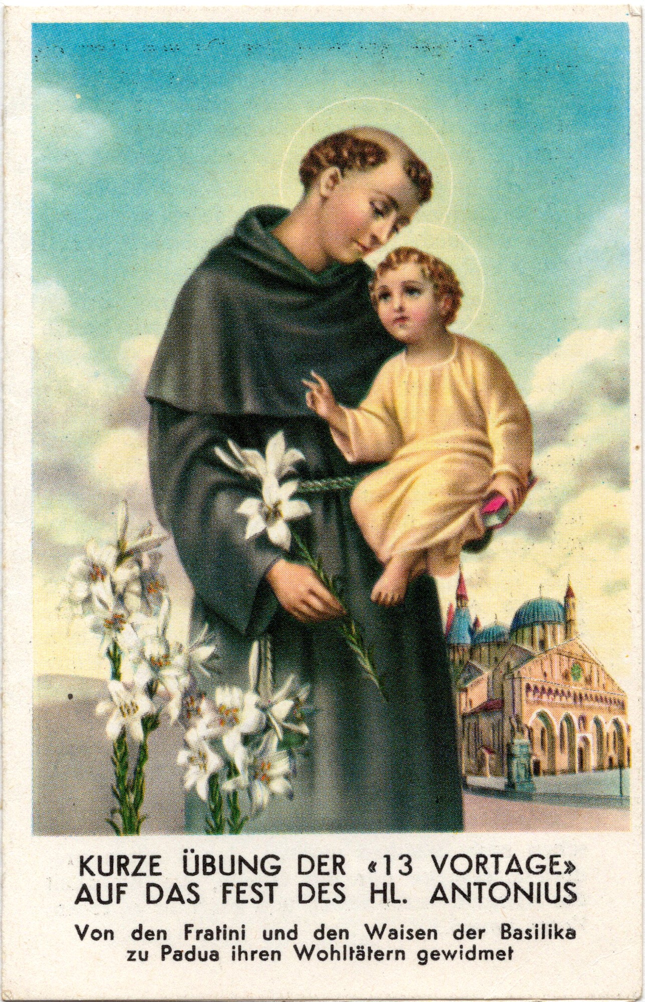 Duitstalig devotievouwkaartje Sint-Antonius van Padua - "13 Vortage", Basiliek Padua