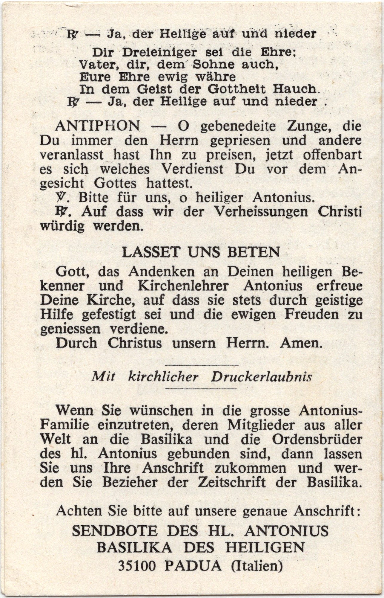 Deutschsprachiges Andachtsblatt Heiliger Antonius von Padua - "13 Vortage", Basilika Padua