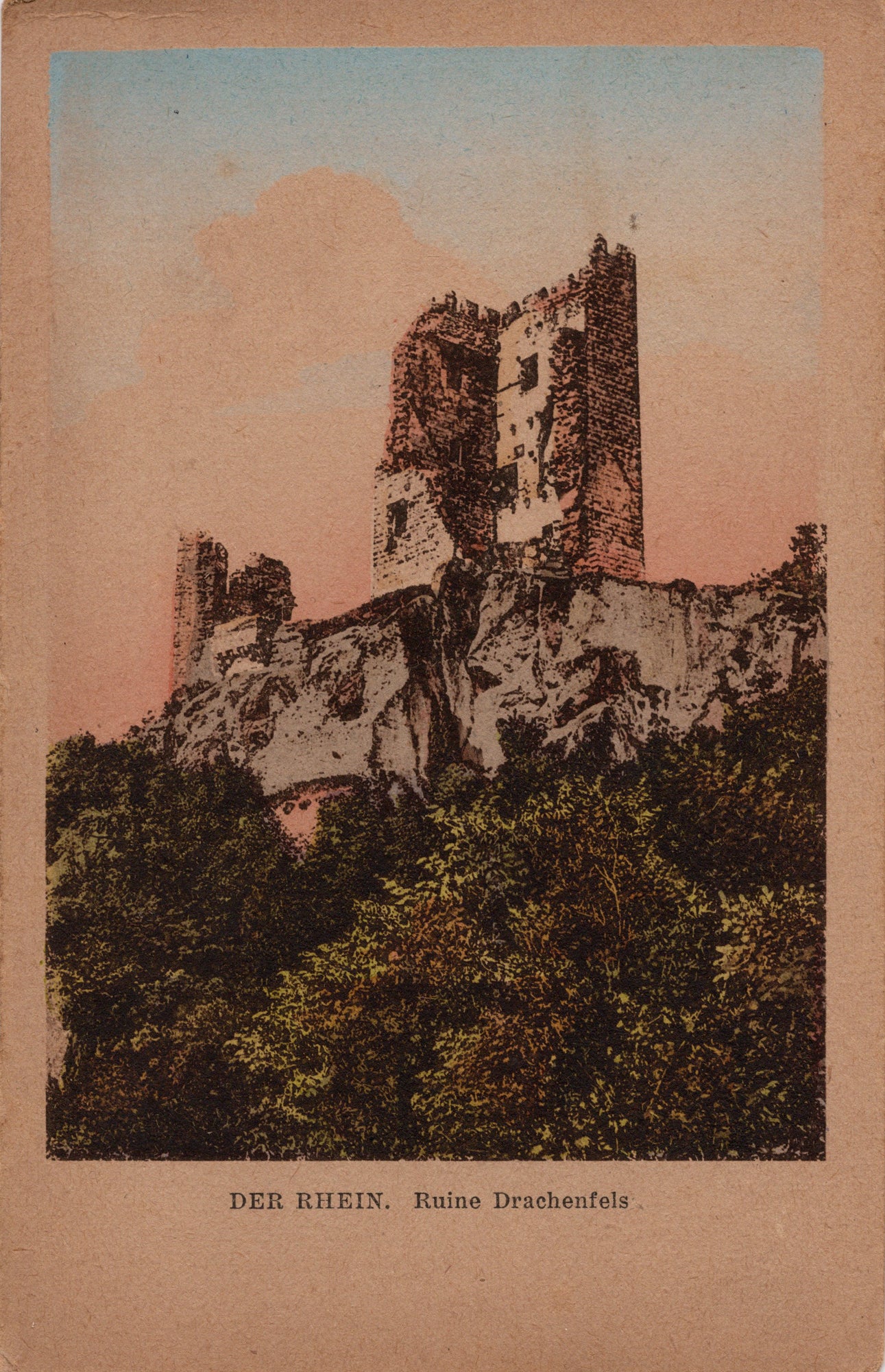 Handgekleurde ansichtkaart ruïne Drachenfels aan de Rijn, uitgave Max Wipperling Elberfeld, vroeg interbellum