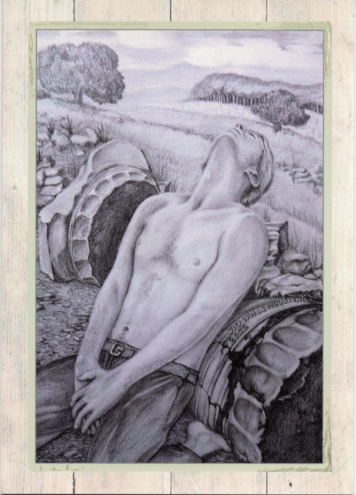 Kunstkaart met tekening Once this was my home door Ivo van de Moosdijk uit 2013, mannelijke naaktfiguur in landschap