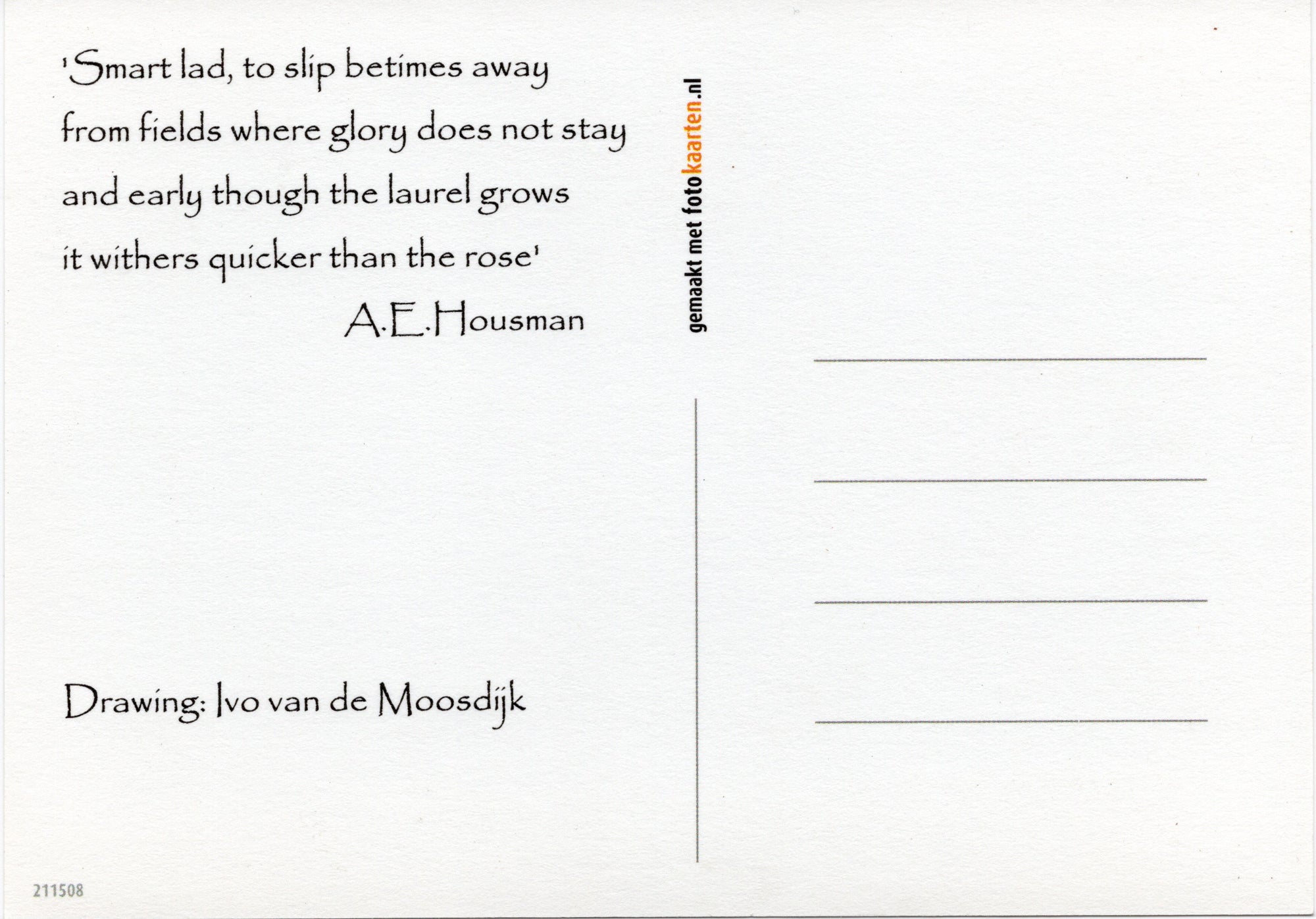 Carte postale avec dessin Ivo van de Moosdijk - avec vers A.E. Housman, non envoyee