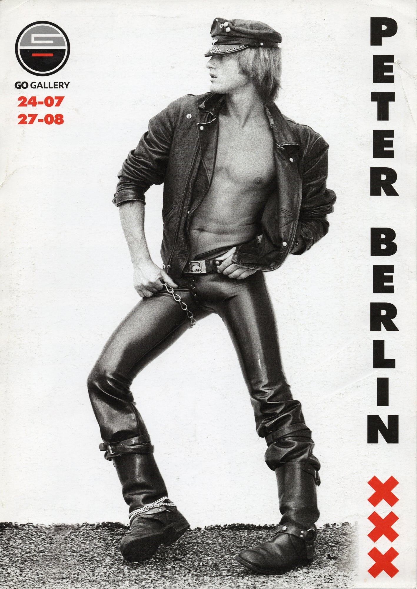 Tentoonstellingsflyer Peter Berlin XXX GO Gallery Amsterdam EuroPride 2016 met zelfportret in leather outfit
