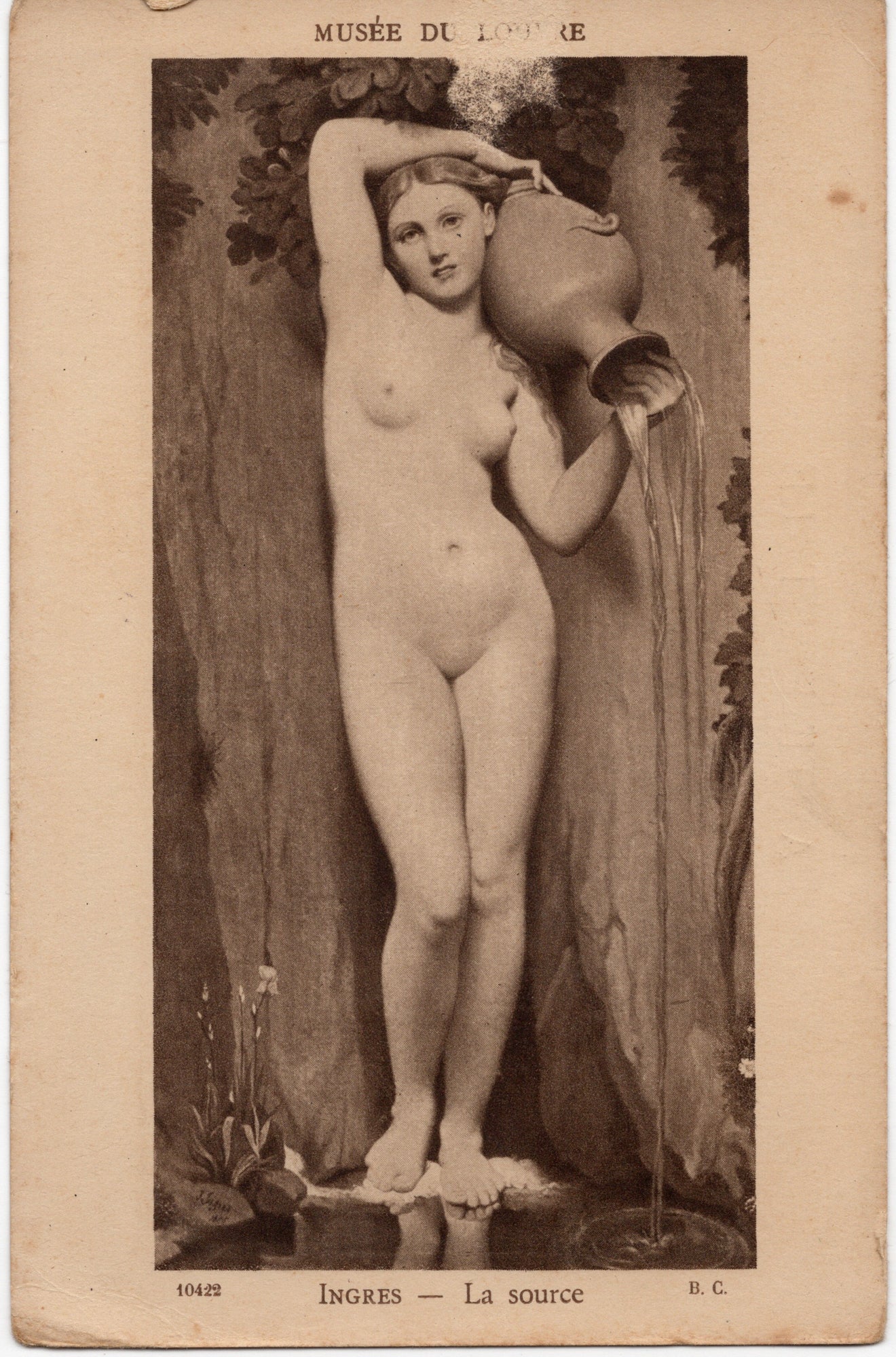 Sepia kunstkaart met reproductie La Source van Ingres uit het Louvre, uitgave Braun et Compagnie, vroege twintigste eeuw