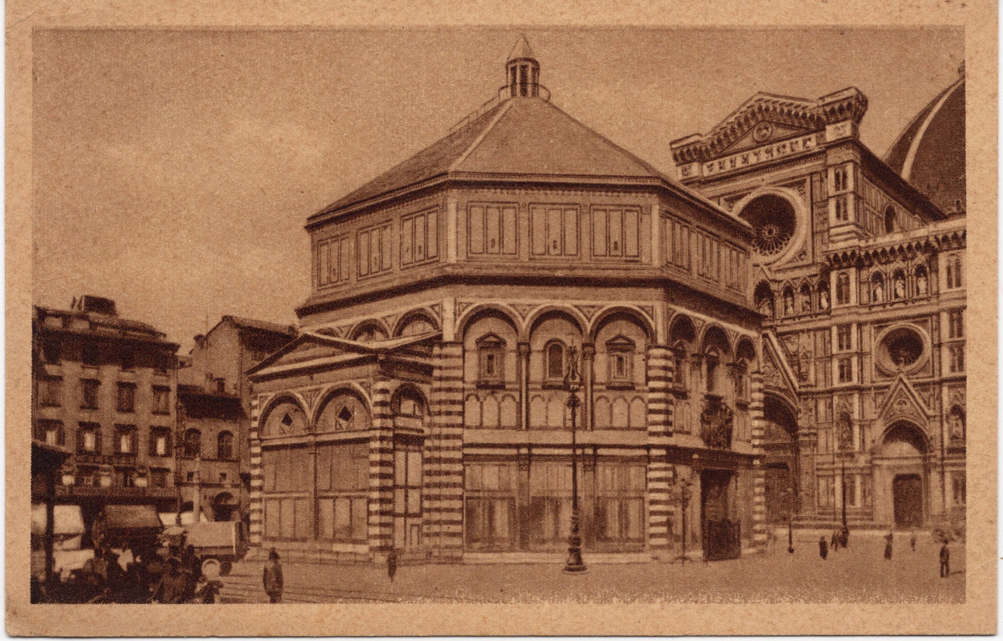 Sepia ansichtkaart Battistero di San Giovanni Florence met Duomo, uitgave Edizioni Z.B. Firenze, interbellum