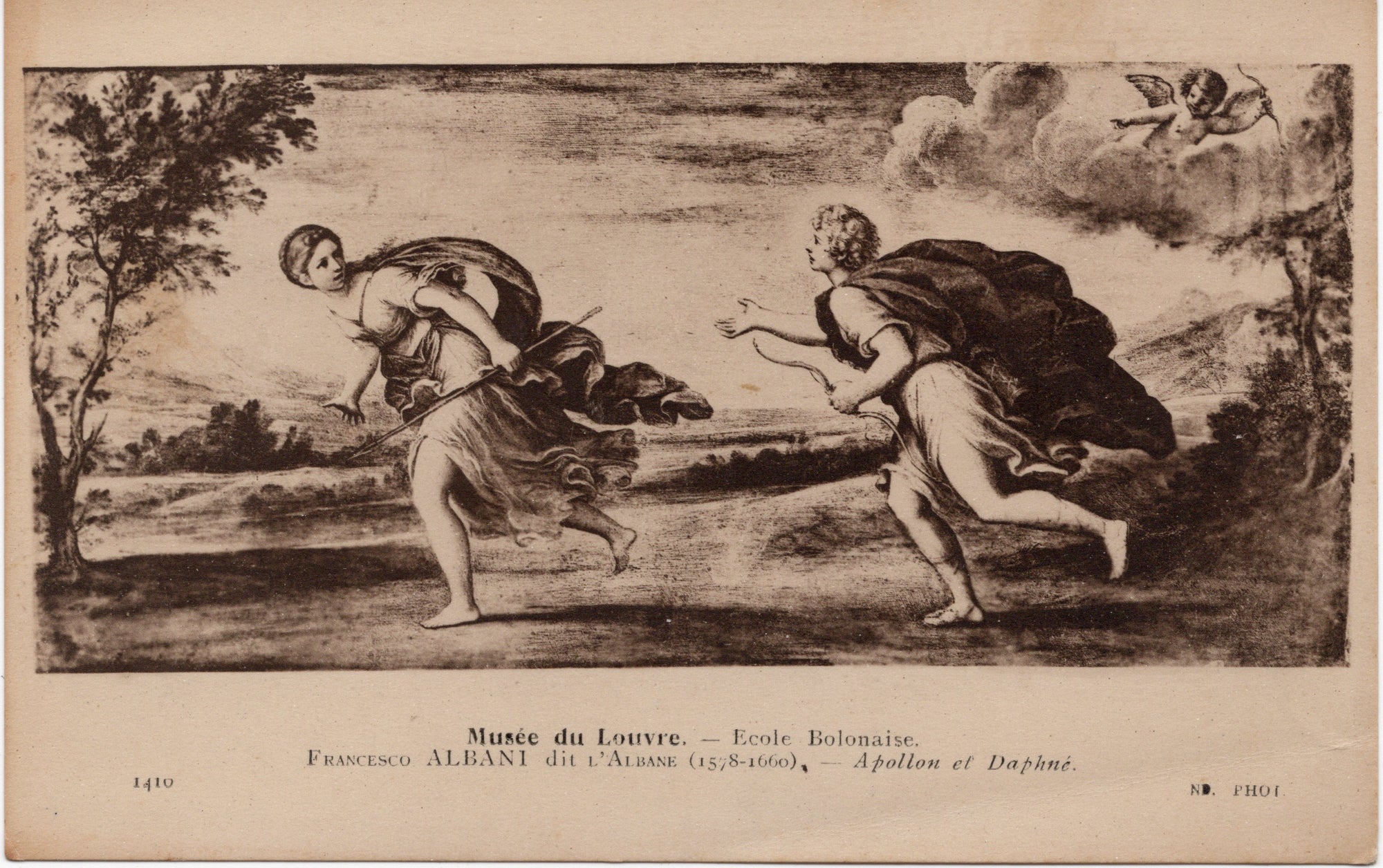 Sepia kunstkaart met reproductie Apollo en Daphne van Francesco Albani uit het Louvre, uitgave Neurdein Frères Parijs, rond 1900