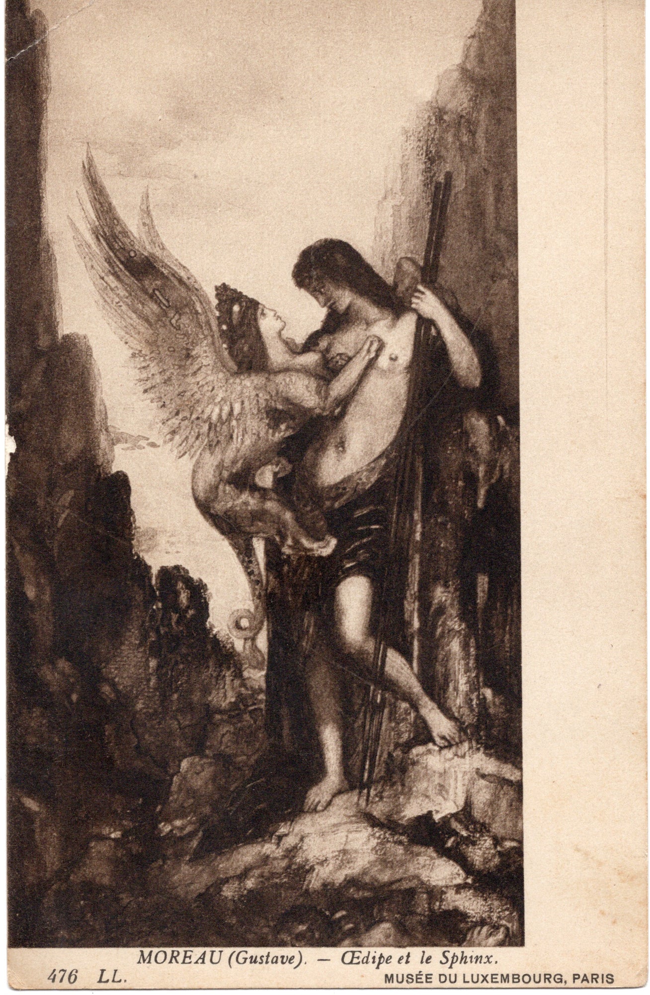 Museumansichtkaart sepiareproductie Gustave Moreau, Oedipe et le Sphinx, Musée du Luxembourg Parijs, LL nr. 476, ca. 1900-1920