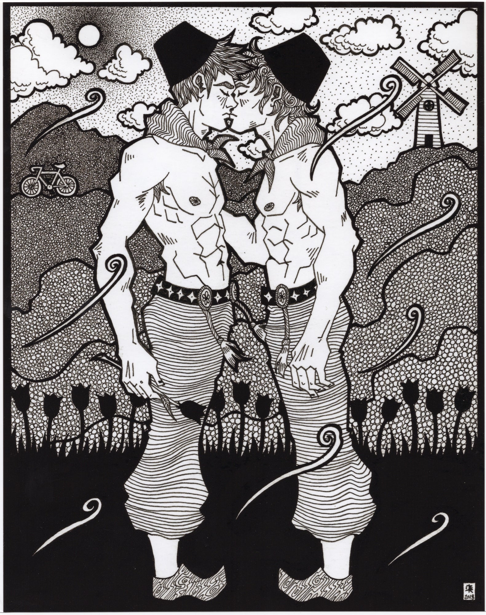 Fotoprint inktillustratie Toddities, Dutch Gay Couple Kissing, zwart-wit, twee mannelijke figuren in kus, Nederlands landschap, 2018