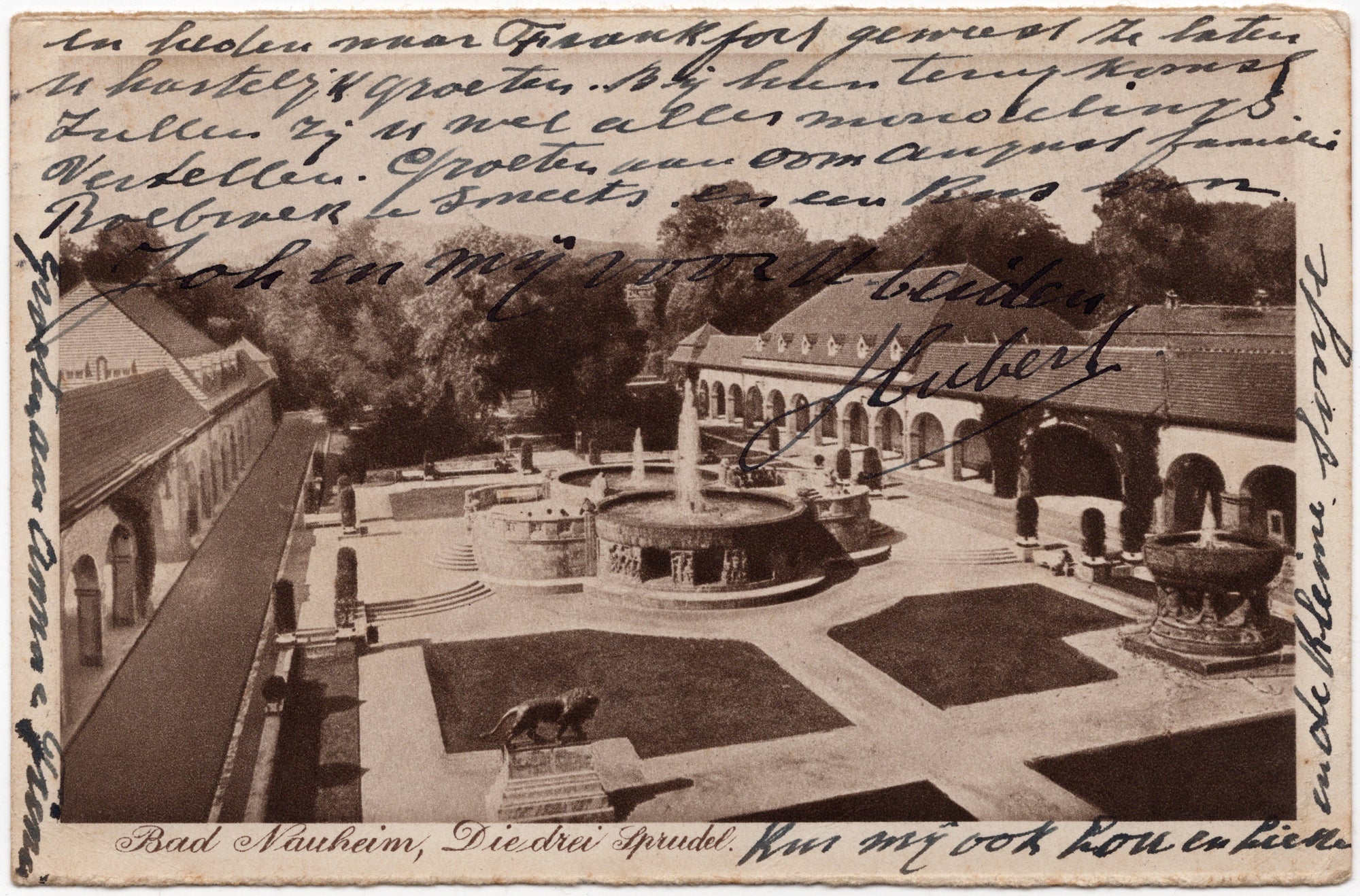 Ansichtkaart Bad Nauheim, Die drei Sprudel, sepiafoto kuuroord Hessen, verzonden 31 mei 1927 naar Valkenburg Limburg