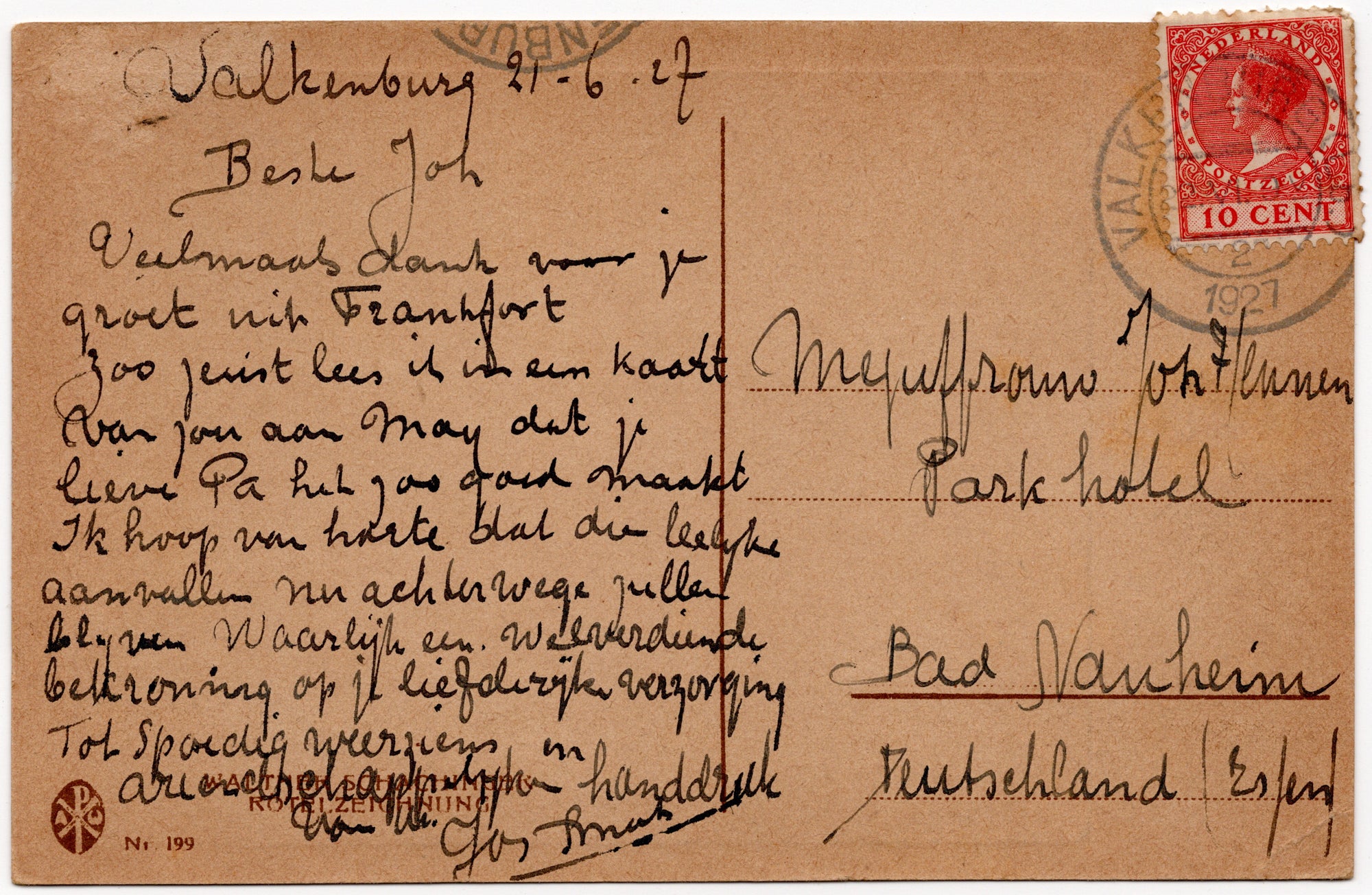 Achterzijde Kunstansichtkaart reproductie sanguine meisjesportret, roodbruin op okerkleurig karton, symbolistische stijl, ca. 1900-1910