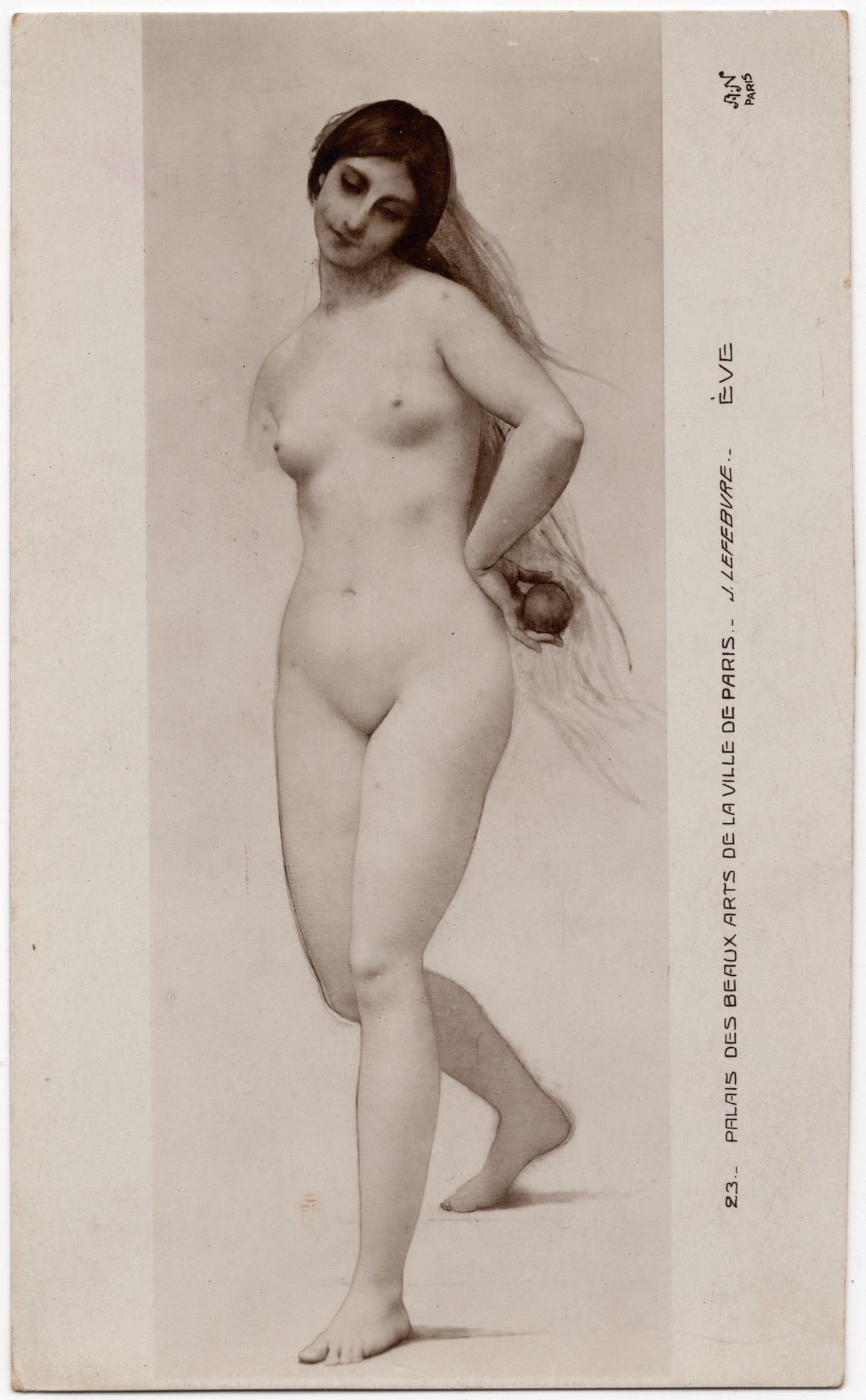Museumansichtkaart sepiareproductie Jules Lefebvre, Eve, Palais des Beaux Arts Parijs, A.N. Paris nr. 23, ca. 1900