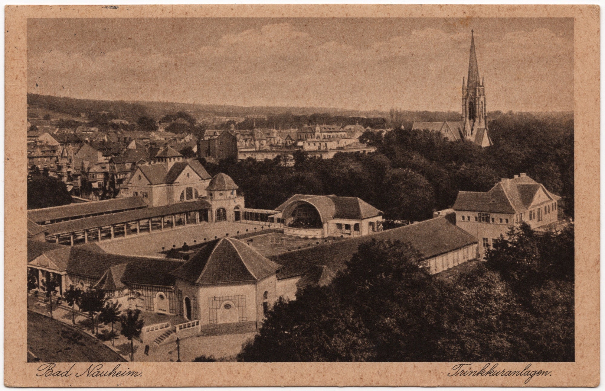 Ansichtkaart vogelvluchtfoto Trinkkuranlagen Bad Nauheim, kuuroord Hessen, Conrad Jacobi Leipzig, verstuurd juni 1927