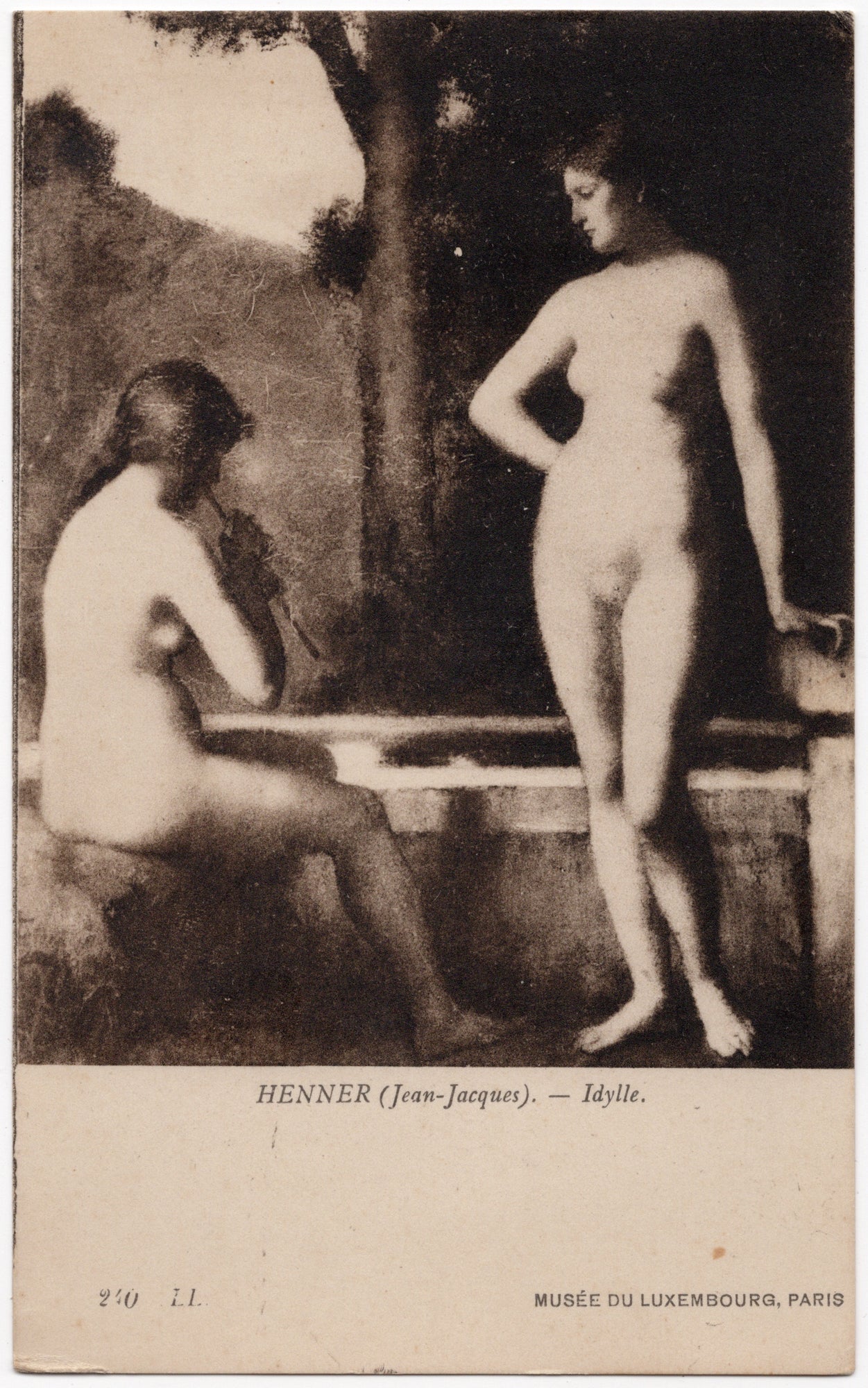 Vroege museumansichtkaart sepiareproductie Jean-Jacques Henner, Idylle, twee vrouwelijke naakten, Musée du Luxembourg Parijs, LL nr. 240, ca. 1900