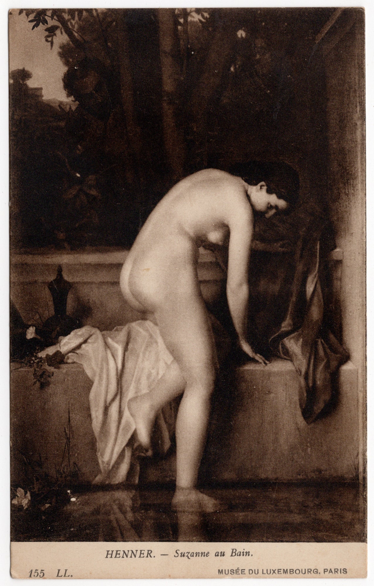 Sepia kunstkaart Jean-Jacques Henner Suzanne au Bain, fotografische reproductie olieverfschilderij Musée du Luxembourg, uitgave LL Parijs circa 1910