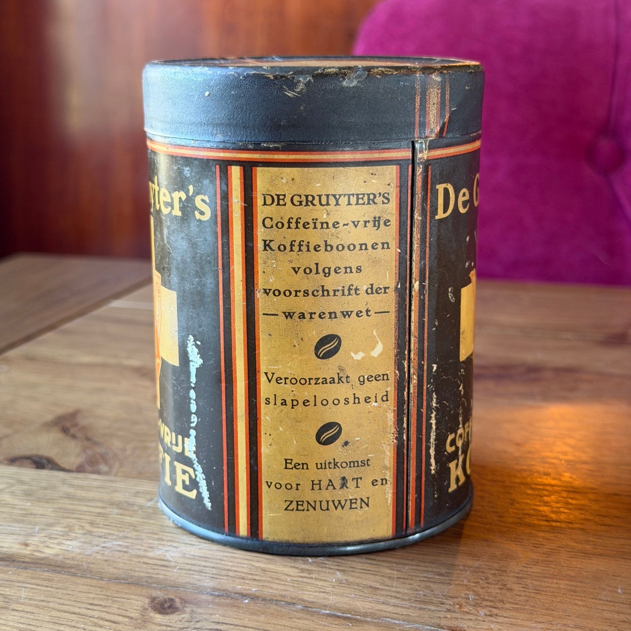 Vintage De Gruyter’s Koffieblik – Caffeïne - vrije Koffie – Nederlands Reclameblik