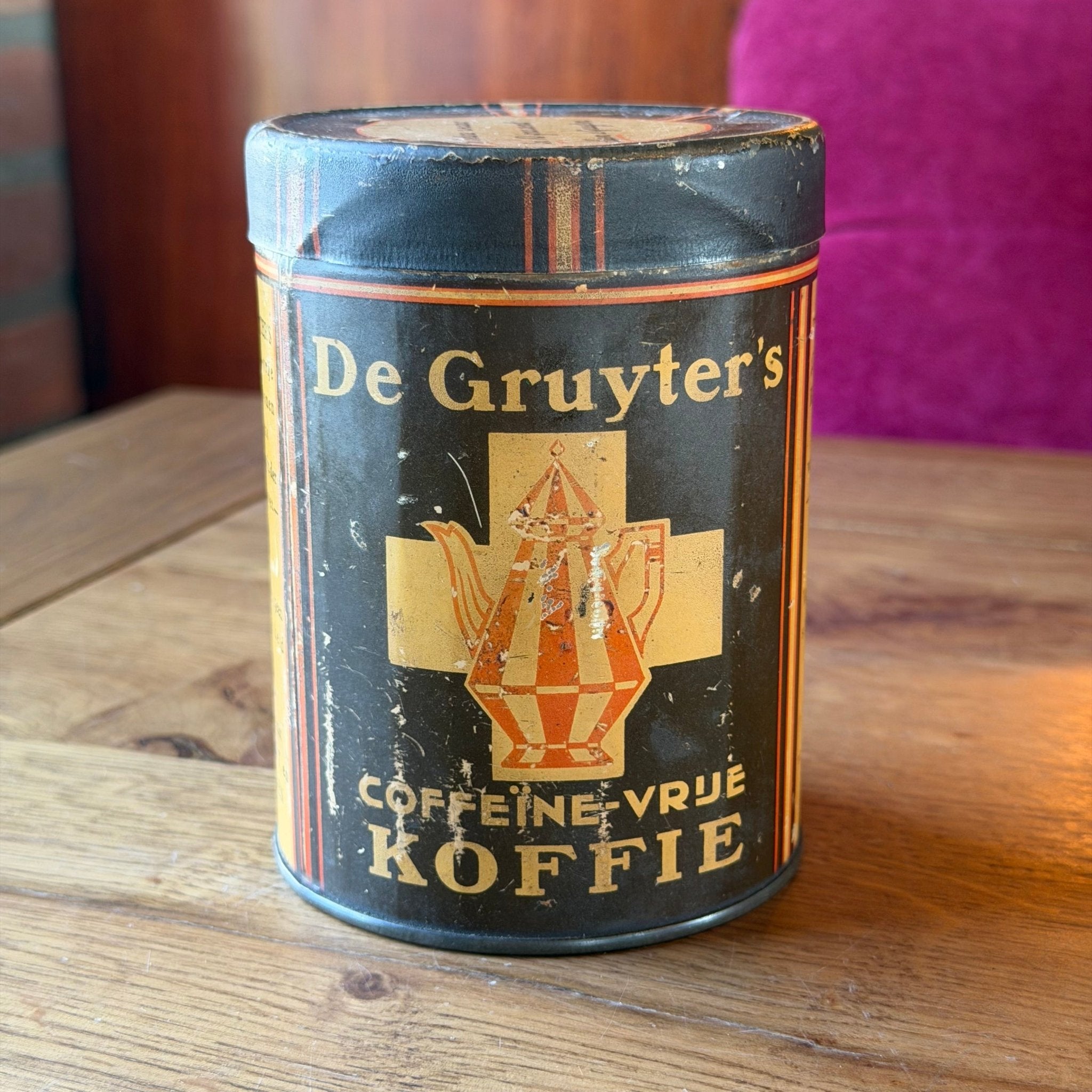 Vintage De Gruyter’s Koffieblik – Caffeïne - vrije Koffie – Nederlands Reclameblik