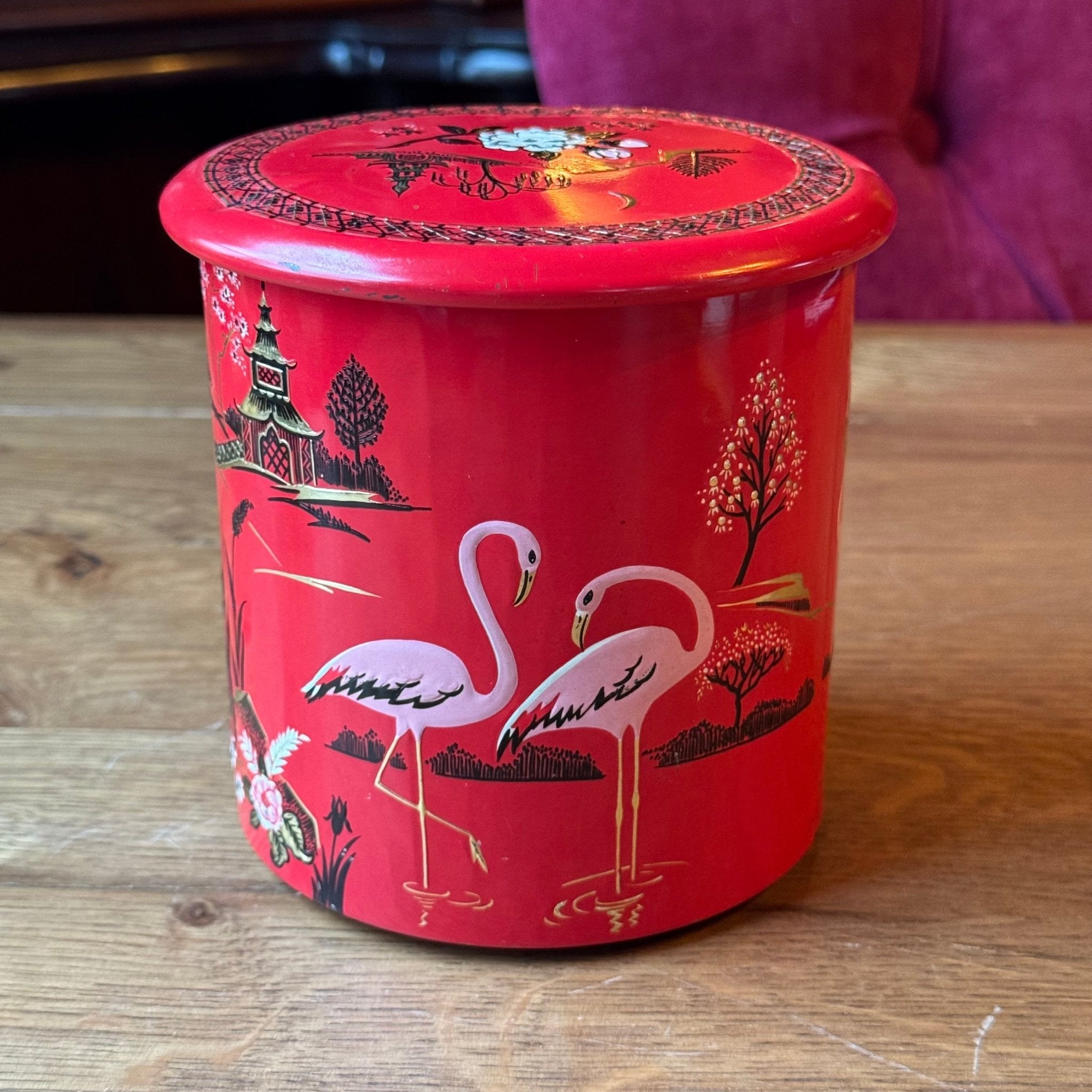 Vintage Engels Blik - Flamingo's & Pagode - Rood Chinoiserie (Jaren '50) - The Collectionist