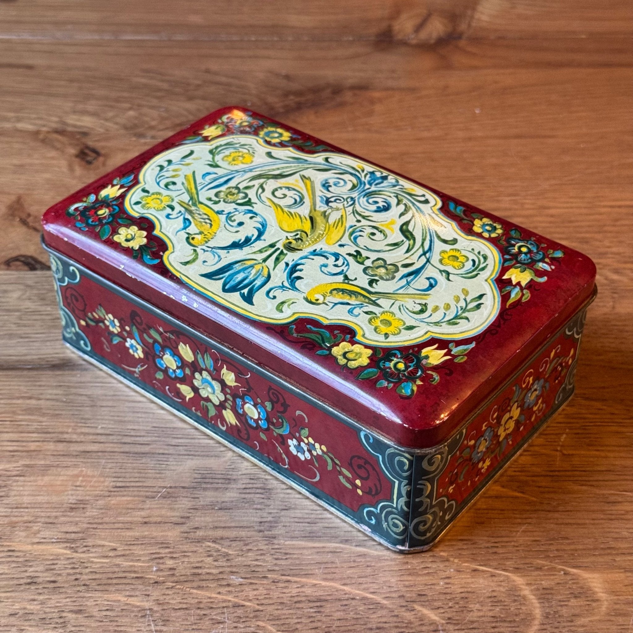 Vintage handbeschilderd blik met vogel - en bloemmotief - The Collectionist