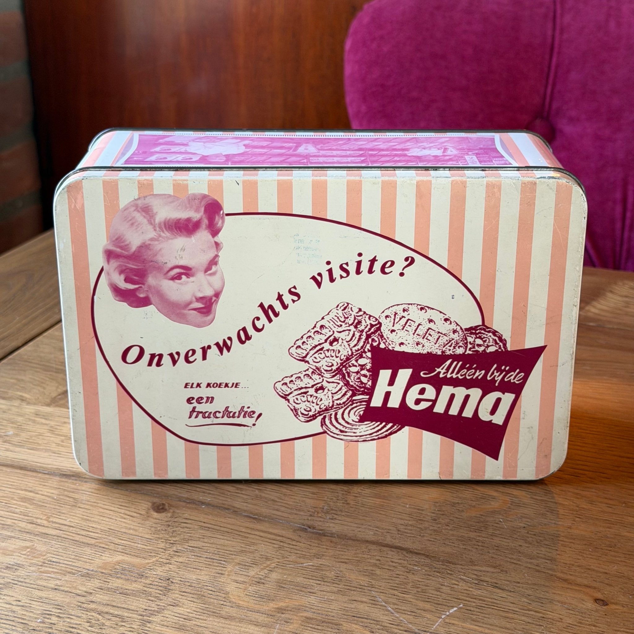 Vintage HEMA koekblik – “Onverwachts visite?” reclameblik