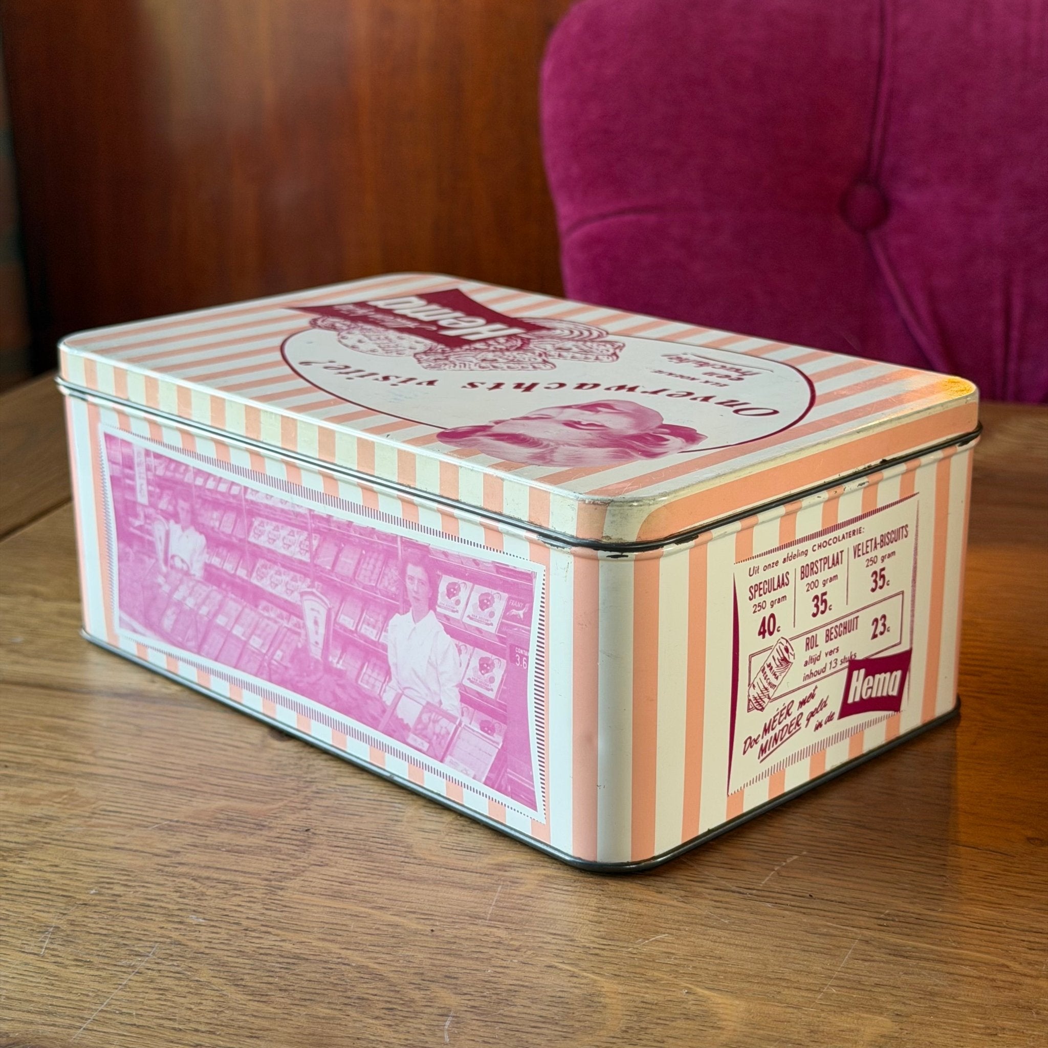 Vintage HEMA koekblik – “Onverwachts visite?” reclameblik