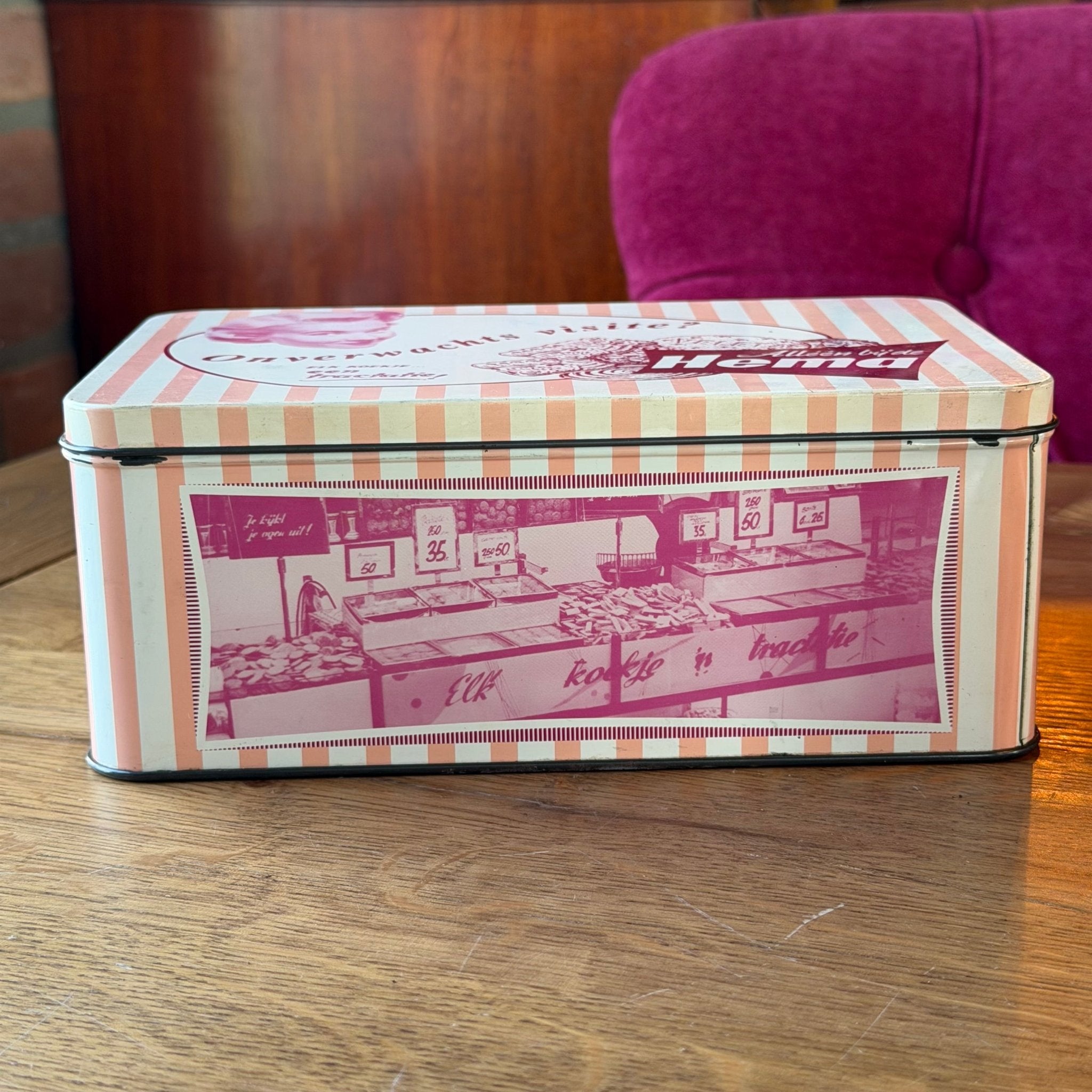 Vintage HEMA koekblik – “Onverwachts visite?” reclameblik