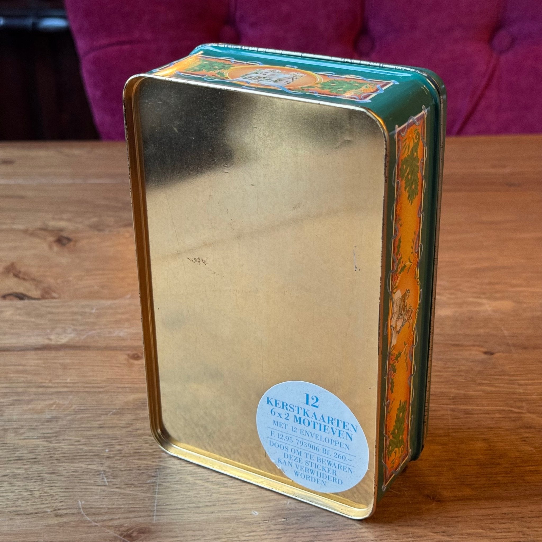 Vintage kerstblik met Sint Nicolaas illustratie – groen met goudkleurig interieur - The Collectionist