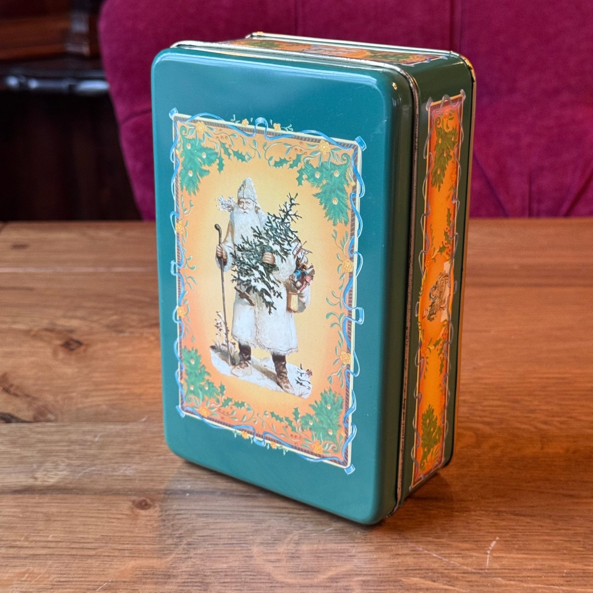 Vintage kerstblik met Sint Nicolaas illustratie – groen met goudkleurig interieur - The Collectionist