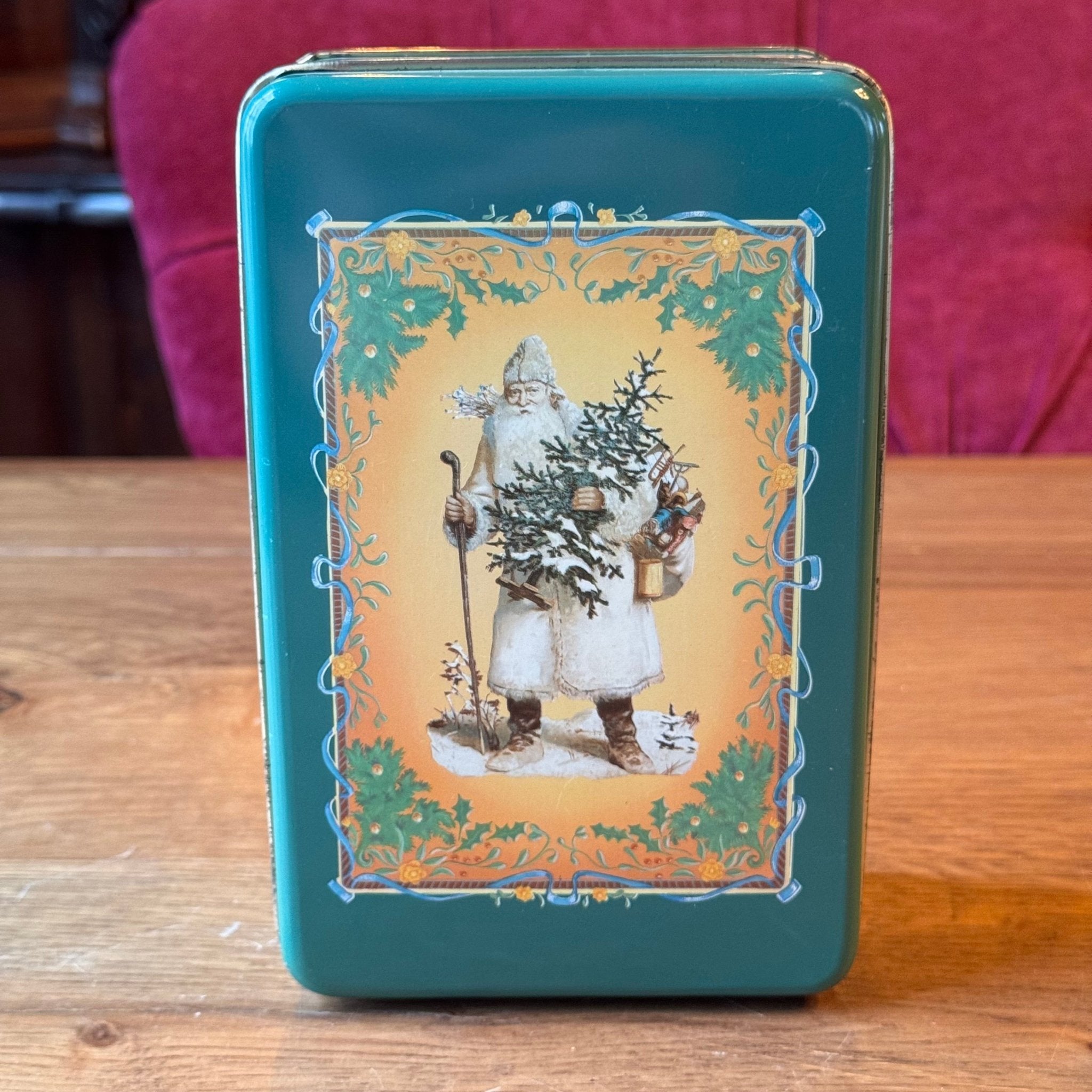 Vintage kerstblik met Sint Nicolaas illustratie – groen met goudkleurig interieur - The Collectionist