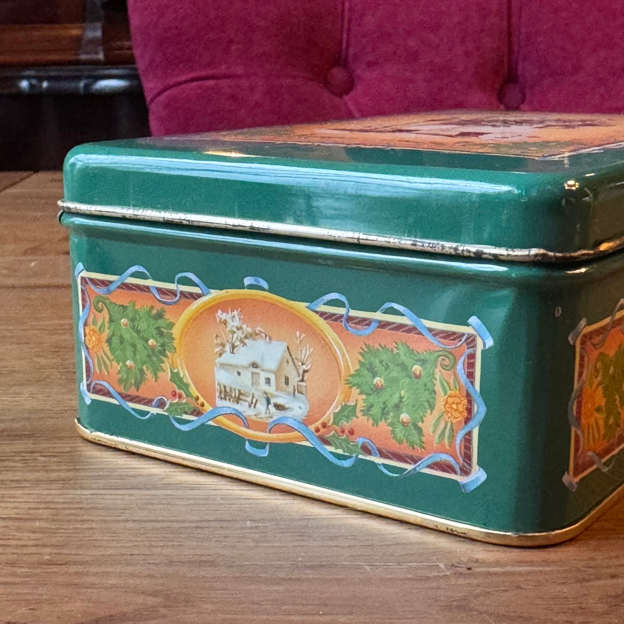 Vintage kerstblik met Sint Nicolaas illustratie – groen met goudkleurig interieur - The Collectionist