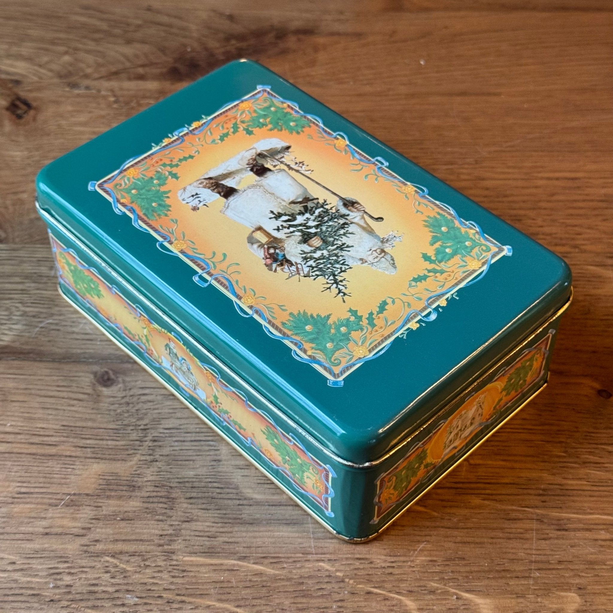 Vintage kerstblik met Sint Nicolaas illustratie – groen met goudkleurig interieur - The Collectionist