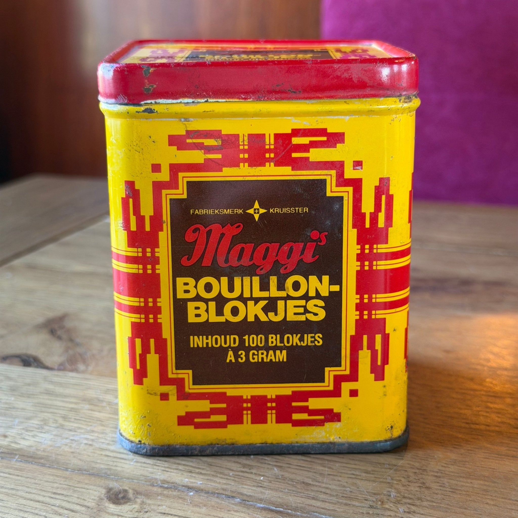 Vintage Maggi Bouillonblokjes Blik – Geel Rood Reclameblik – Jaren 60