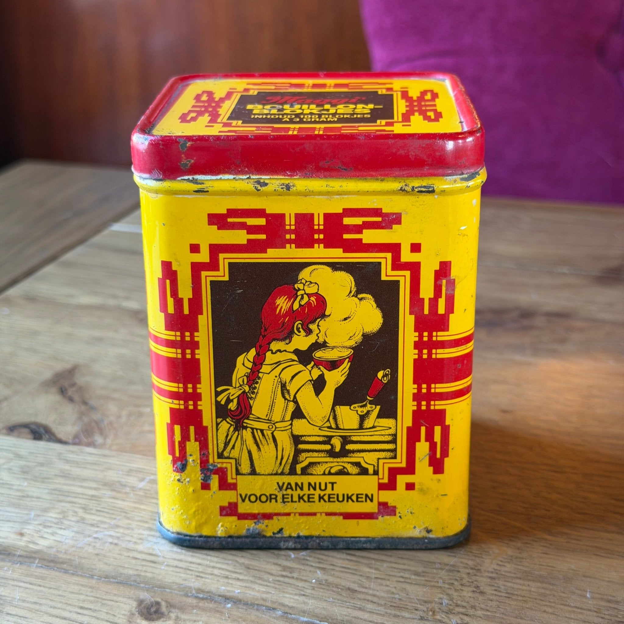 Vintage Maggi Bouillonblokjes Blik – Geel Rood Reclameblik – Jaren 60
