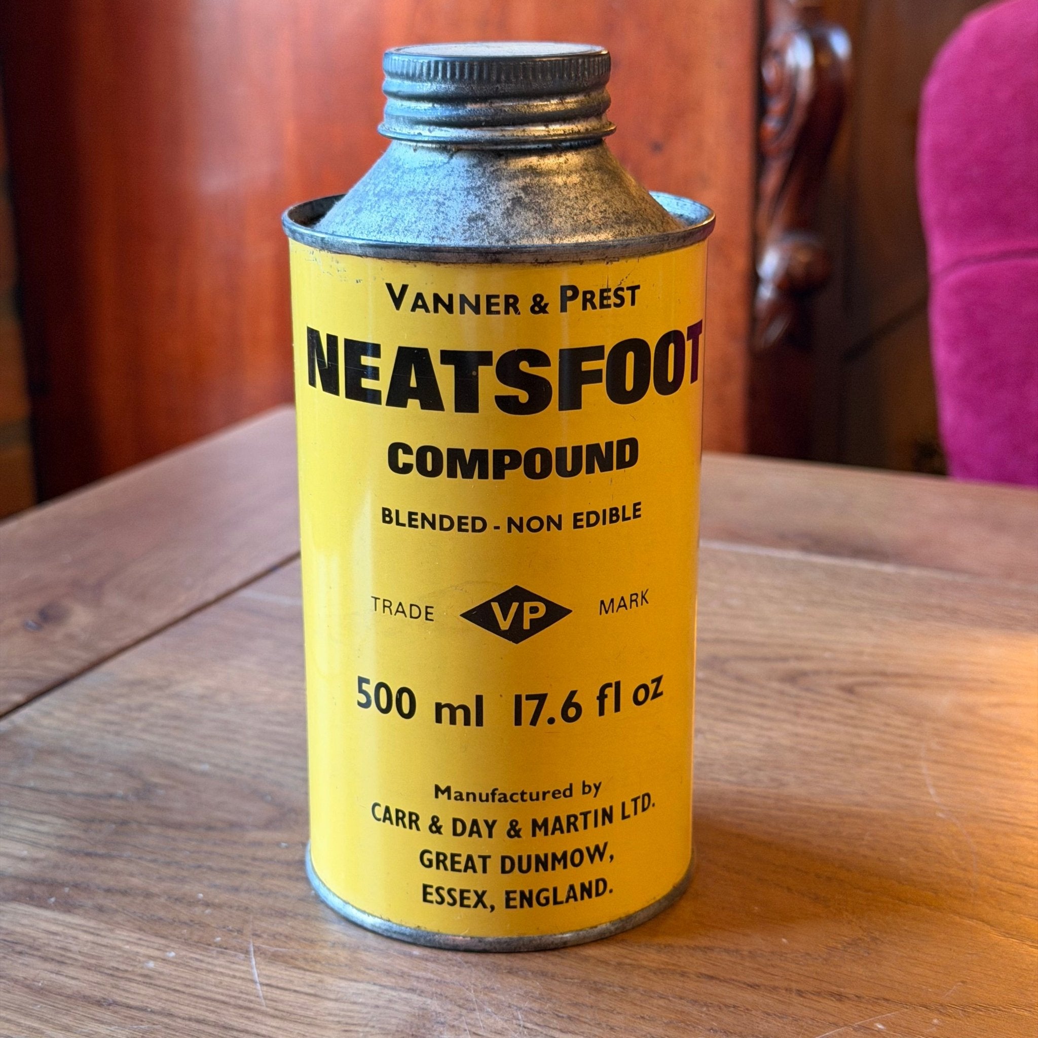 Vintage Neatsfoot Oil Blik – Vanner & Prest – Industriële Gele Olieverpakking (500 ml) - The Collectionist