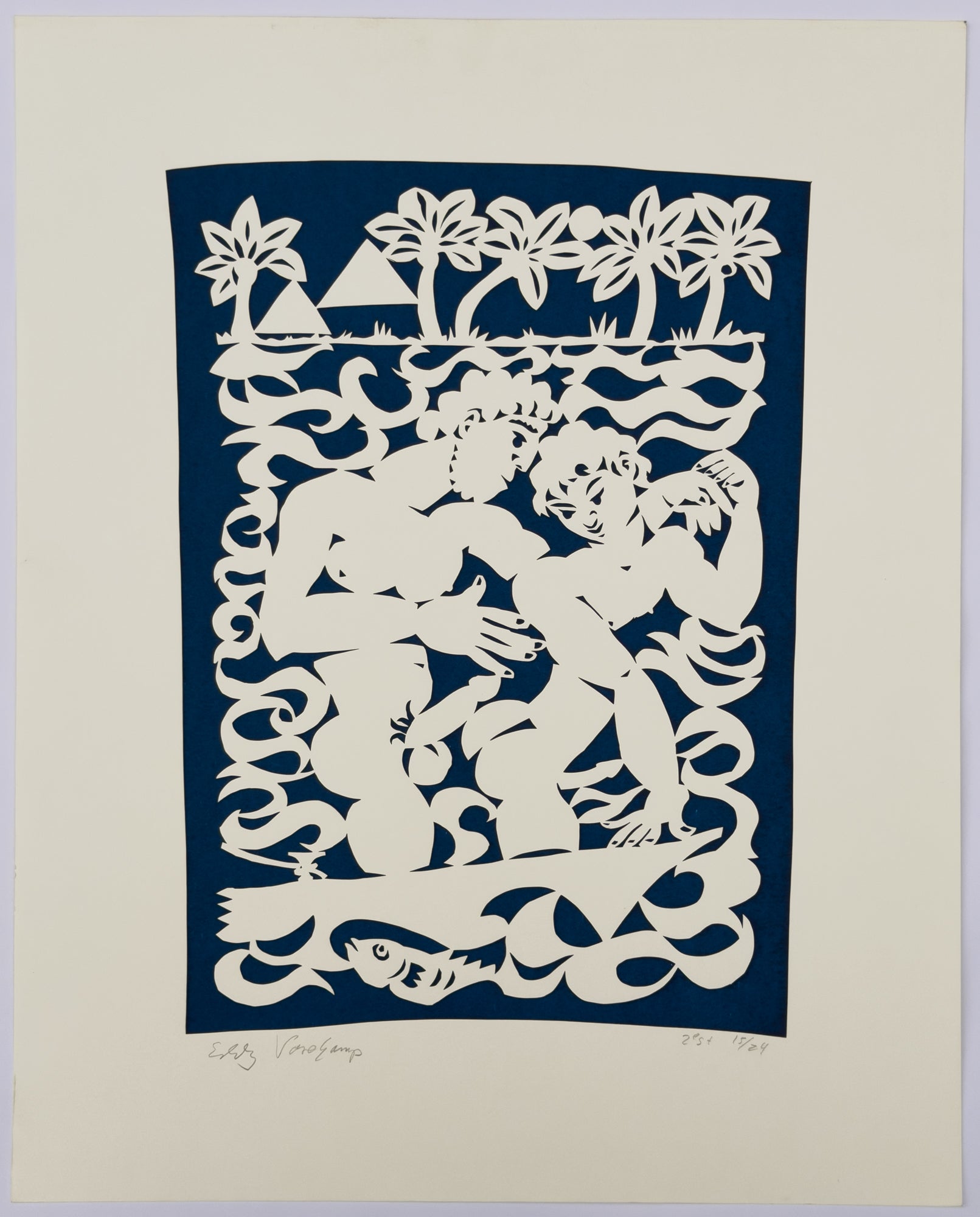 Gesigneerde zeefdruk Eddy Varekamp, twee mannelijke figuren met vis en palmen, kobaltblauw, oplage 15/24