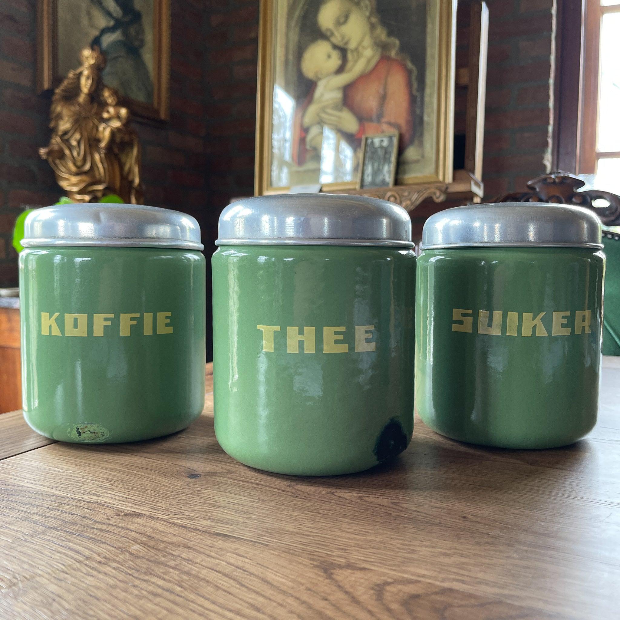 Set emaille koffie thee en suikerbussen - The Collectionist