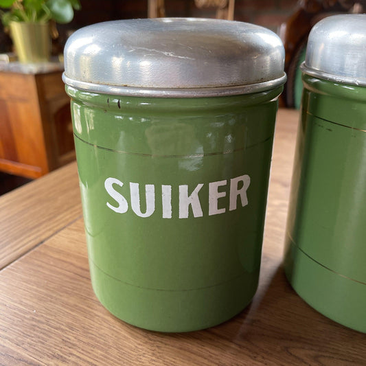 Twee emaille suiker en theebussen - Bamestra Curiosa